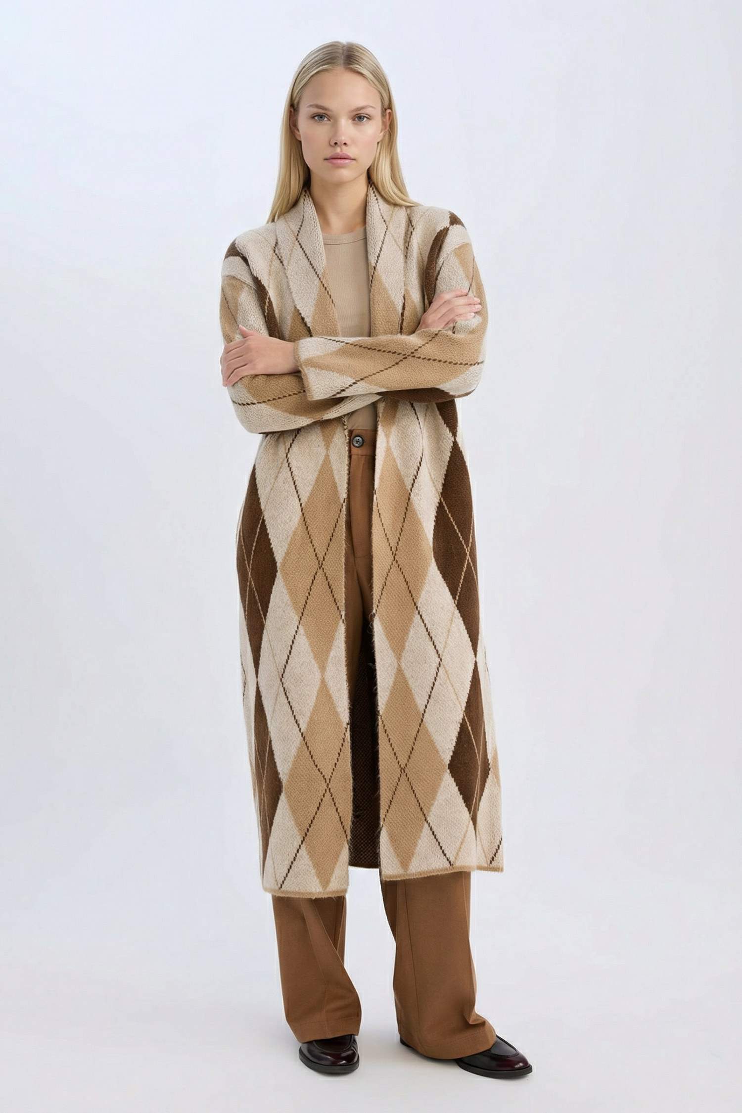 Relax Fit Şal Yaka Baklava Desenli Uzun Triko Hırka