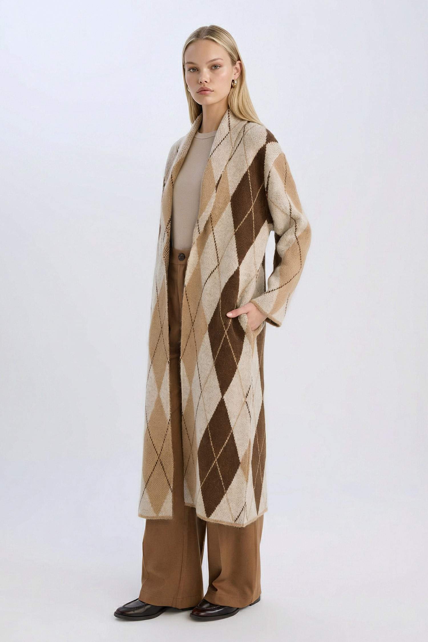 Relax Fit Şal Yaka Baklava Desenli Uzun Triko Hırka