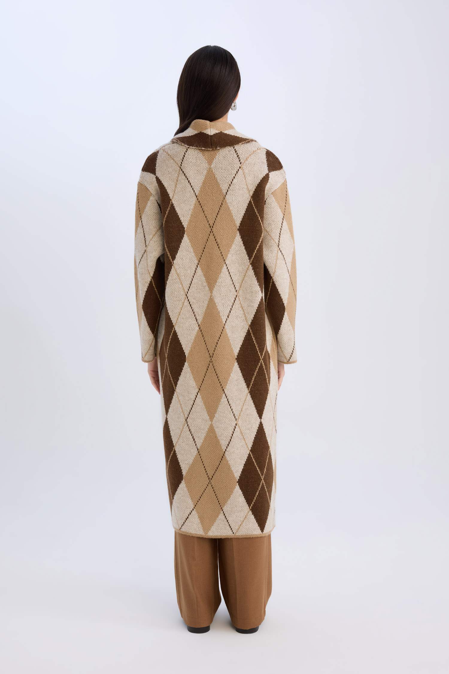 Relax Fit Şal Yaka Baklava Desenli Uzun Triko Hırka