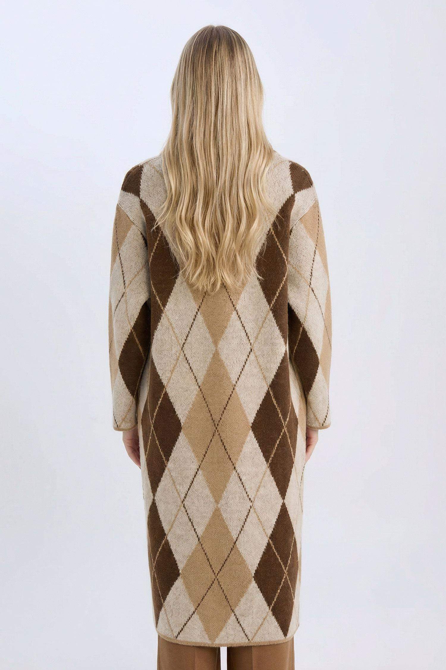 Relax Fit Şal Yaka Baklava Desenli Uzun Triko Hırka