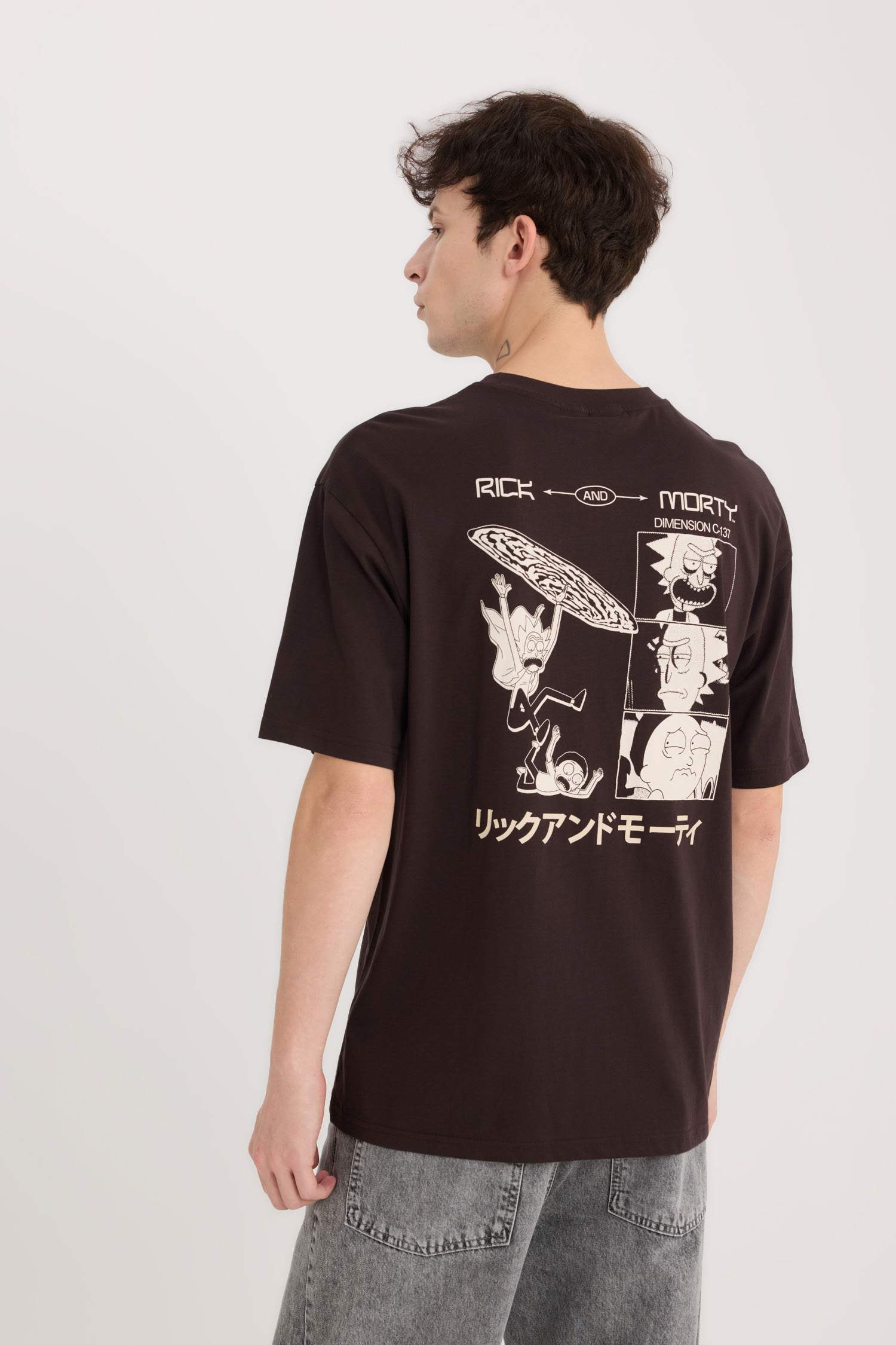 %100 Pamuk Rick and Morty Boxy Fit Bisiklet Yaka Sırt Baskılı Kısa Kollu Tişört