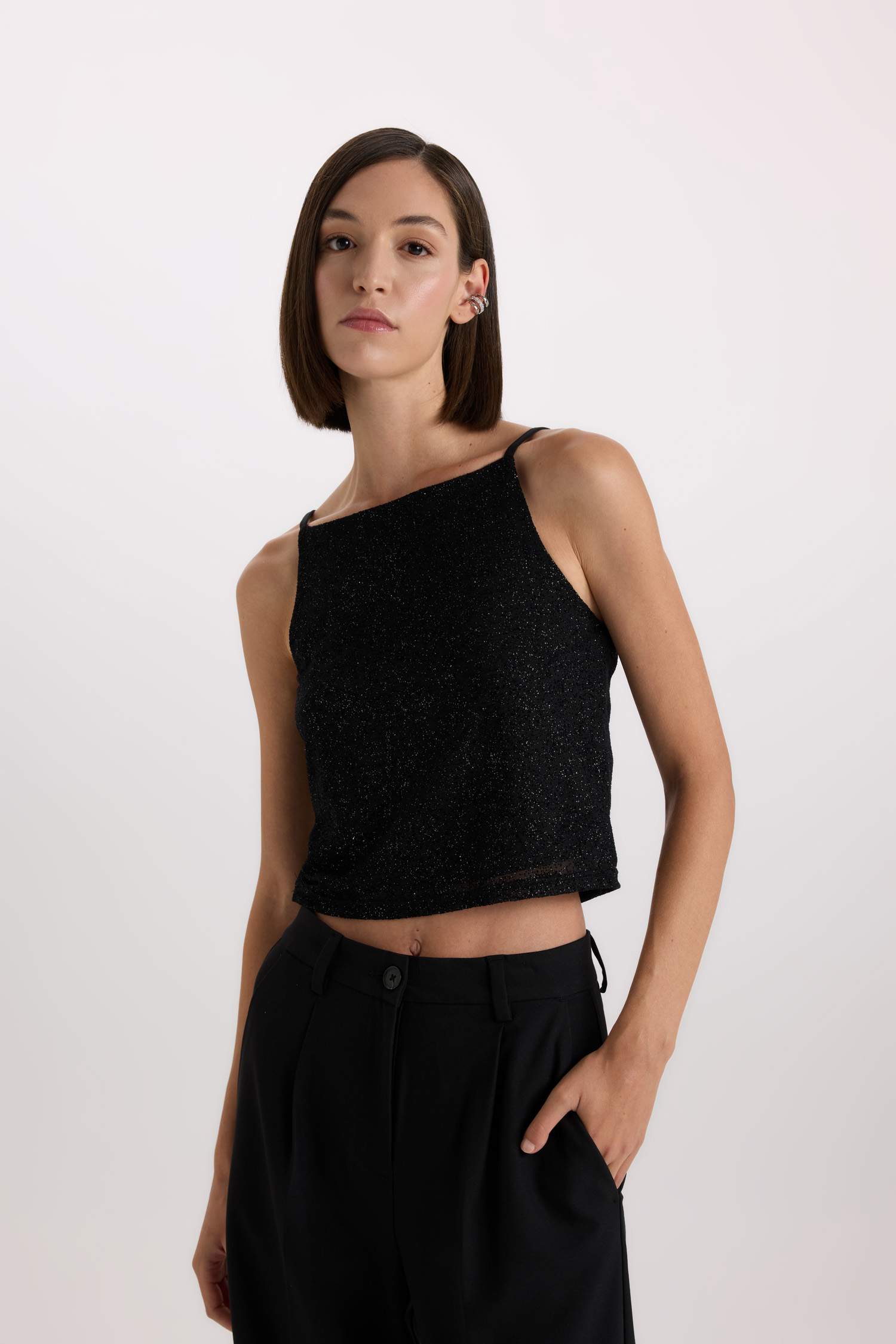 Slim Fit Embroidered Tulle U Collar Strappy Tank Top