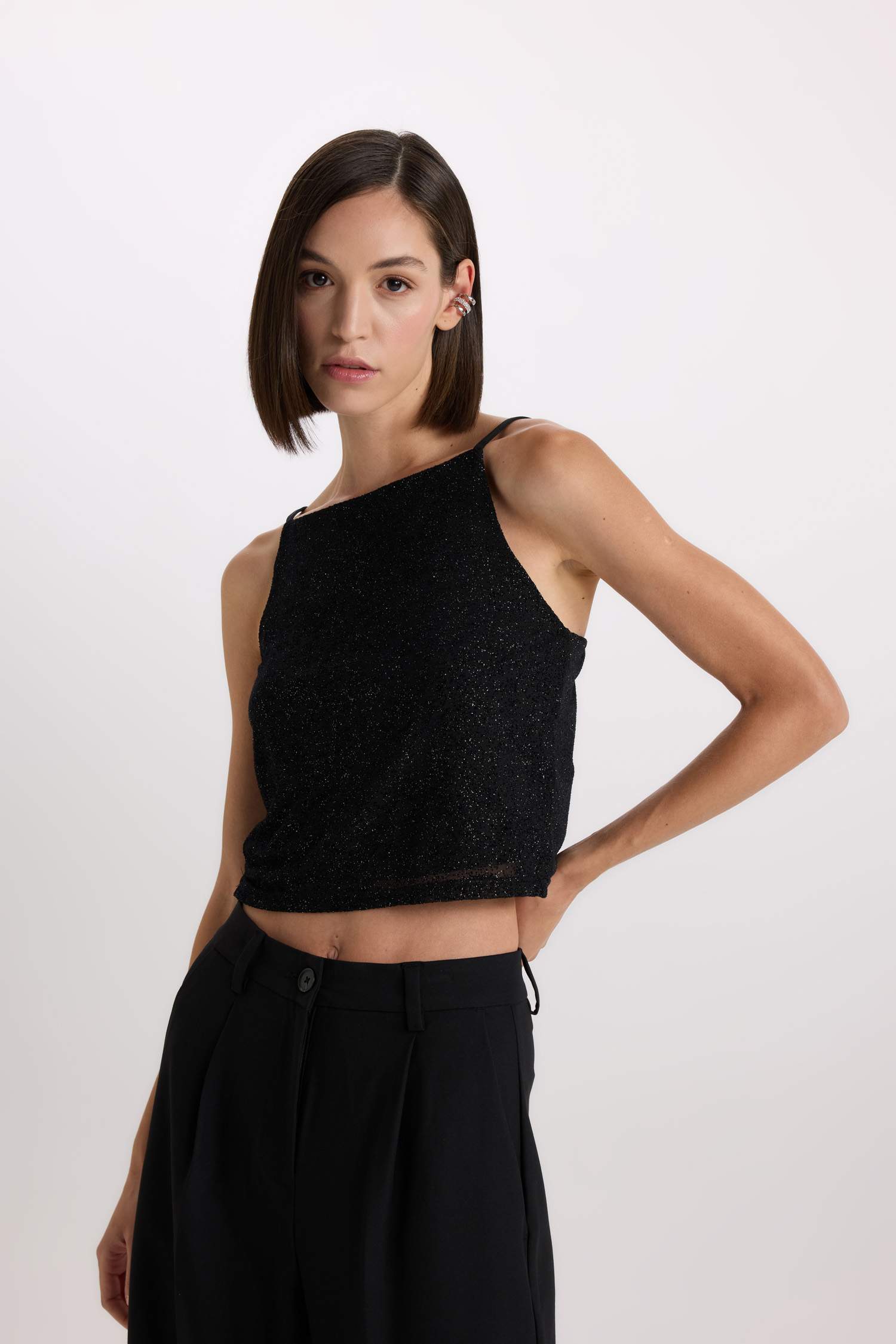 Slim Fit Embroidered Tulle U Collar Strappy Tank Top