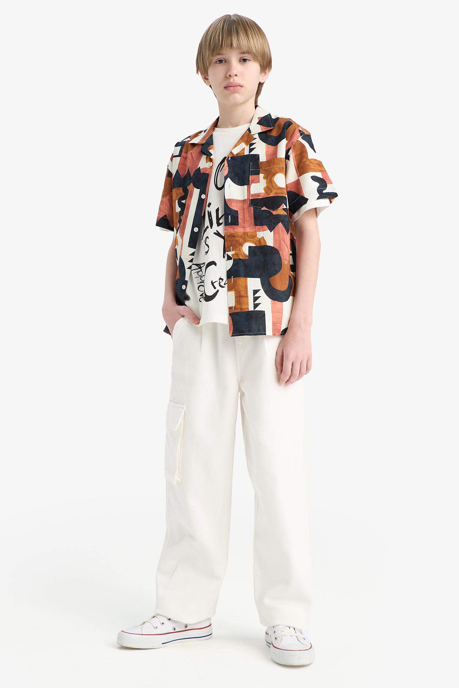 Erkek Çocuk Oversize Geniş Kalıp Desenli Kısa Kollu Gömlek