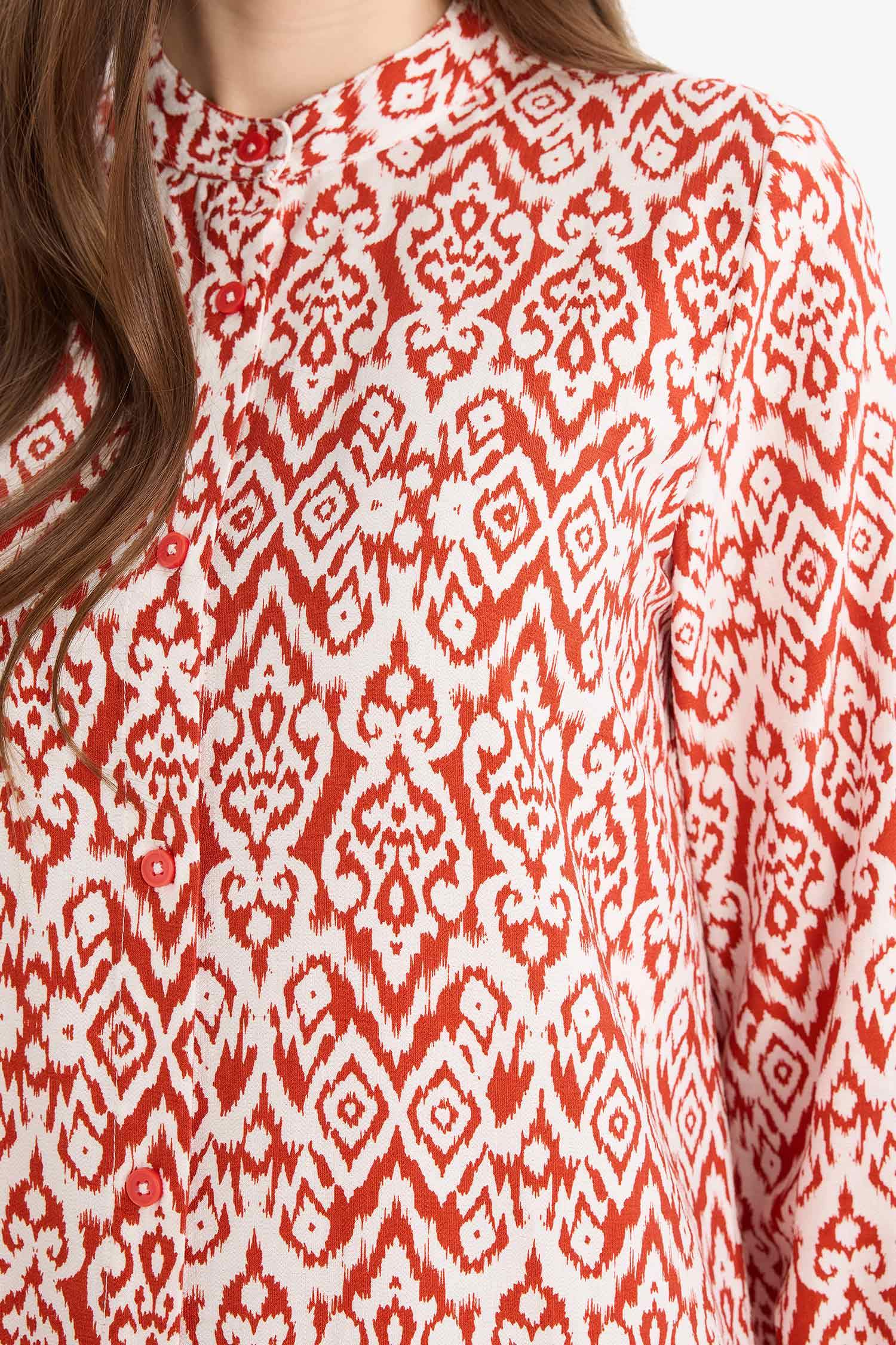 Regular Fit Desenli Dik Yaka Uzun Kollu Diz Altı Tunik