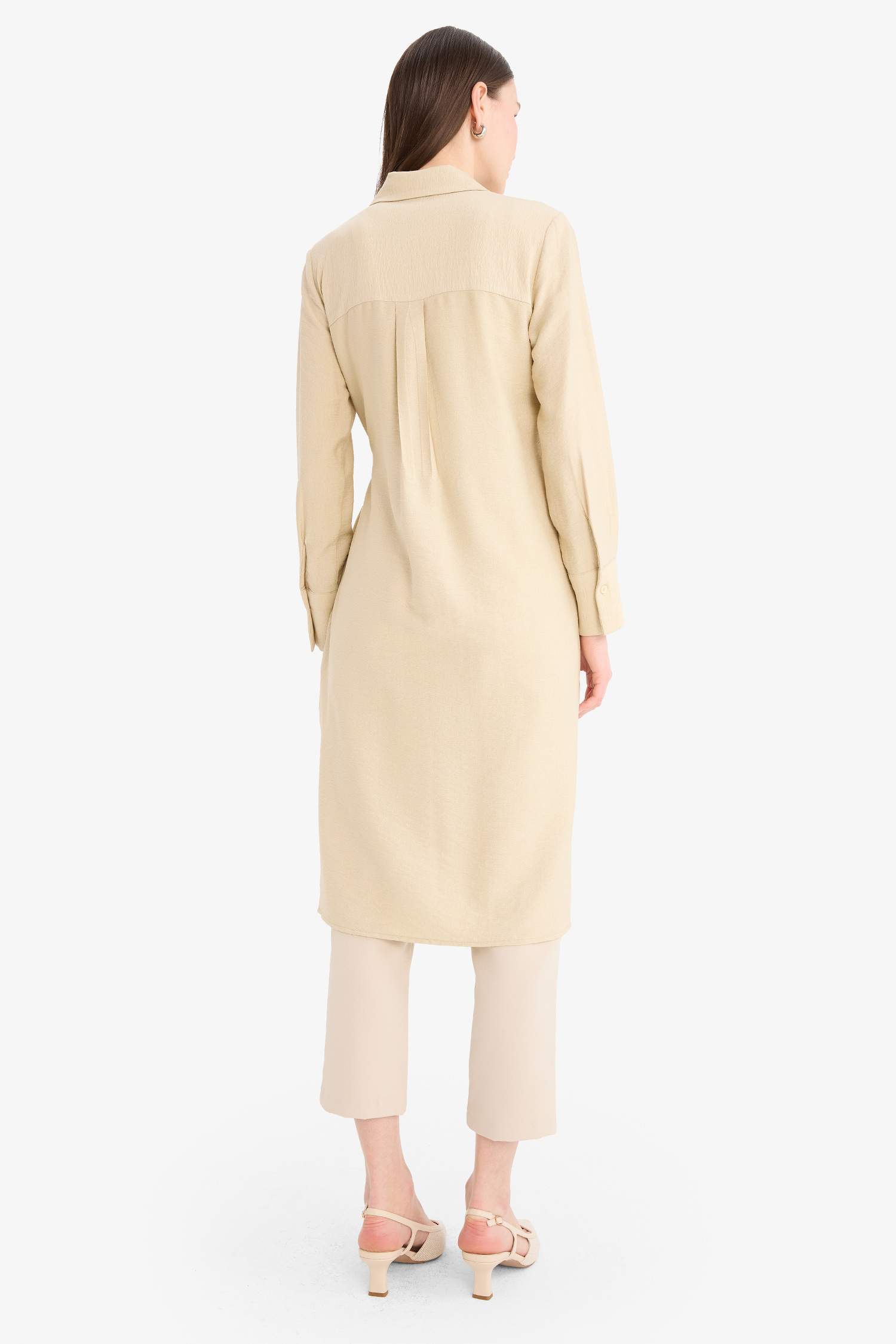 Regular Fit Gömlek Yaka Büzgülü Uzun Kollu Diz Altı Tesettür Tunik