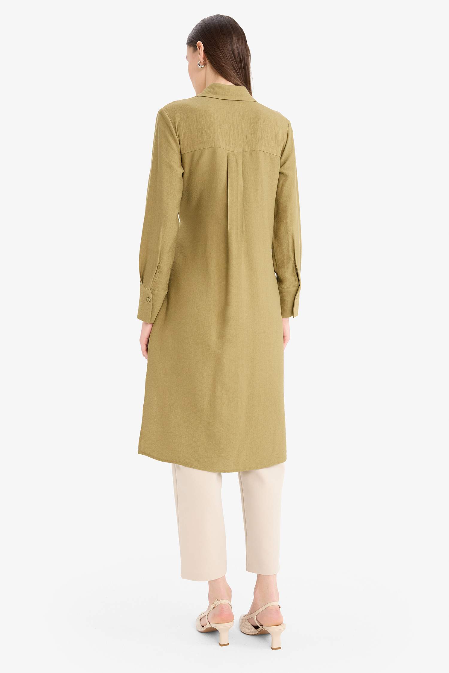 Regular Fit Gömlek Yaka Büzgülü Uzun Kollu Diz Altı Tesettür Tunik