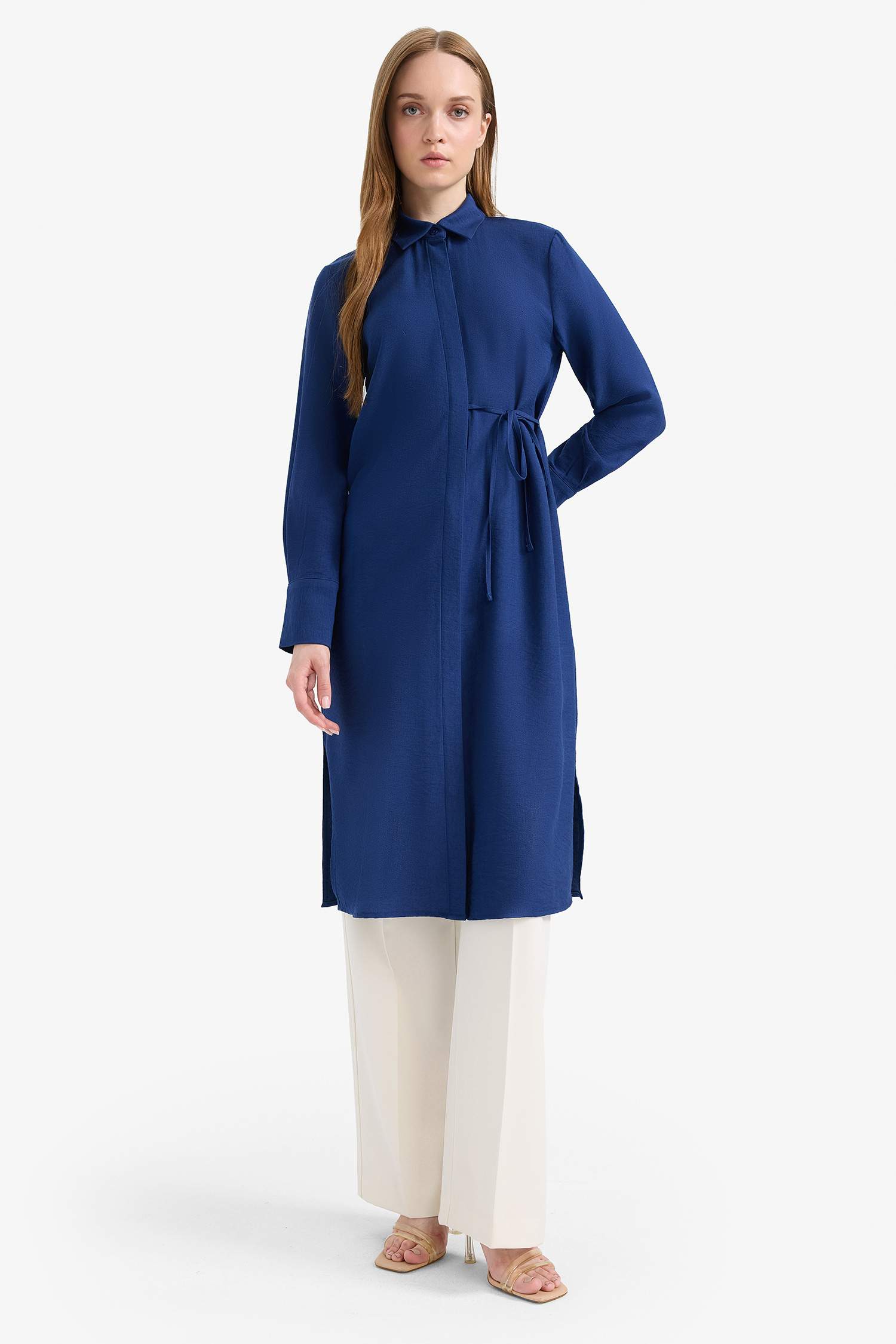 Regular Fit Shirt Collar Gathered Below Knee Tunic