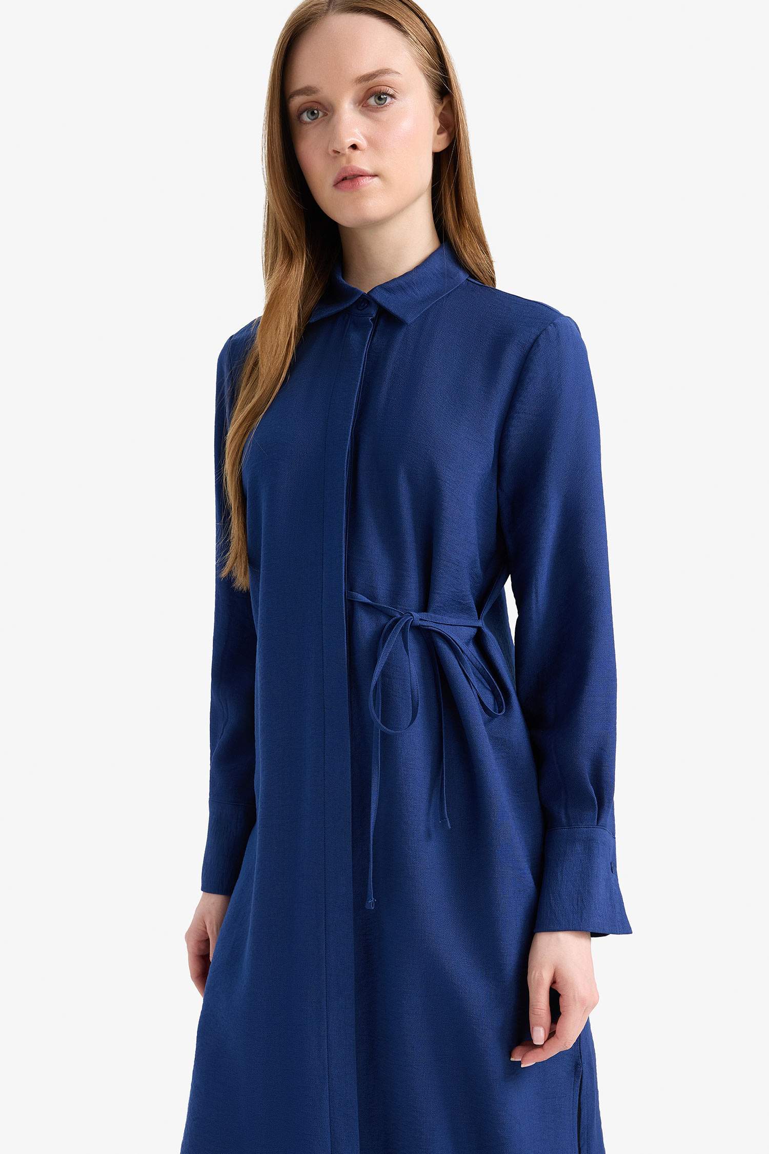 Regular Fit Shirt Collar Gathered Below Knee Tunic