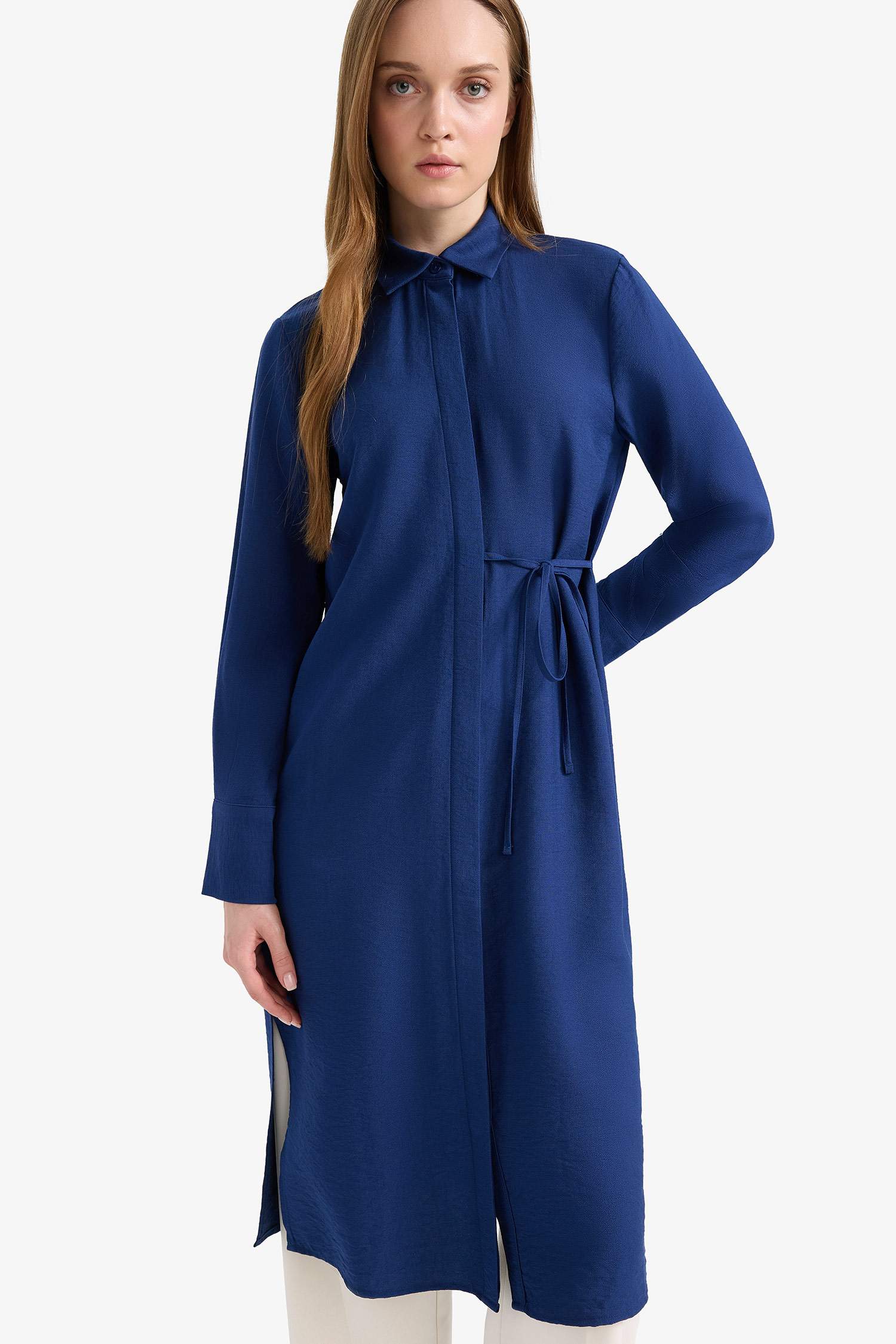 Regular Fit Shirt Collar Gathered Below Knee Tunic