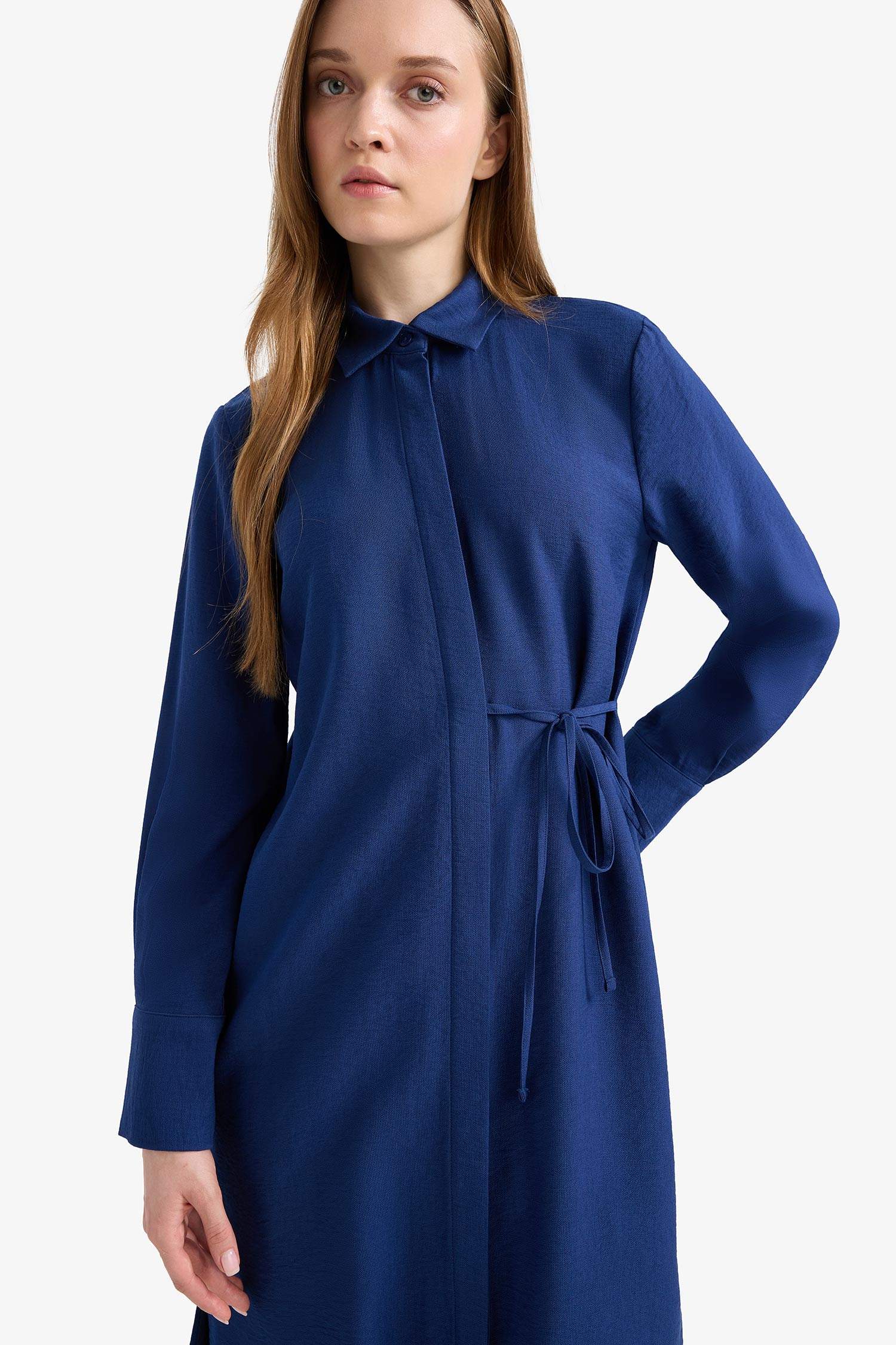 Regular Fit Shirt Collar Gathered Below Knee Tunic