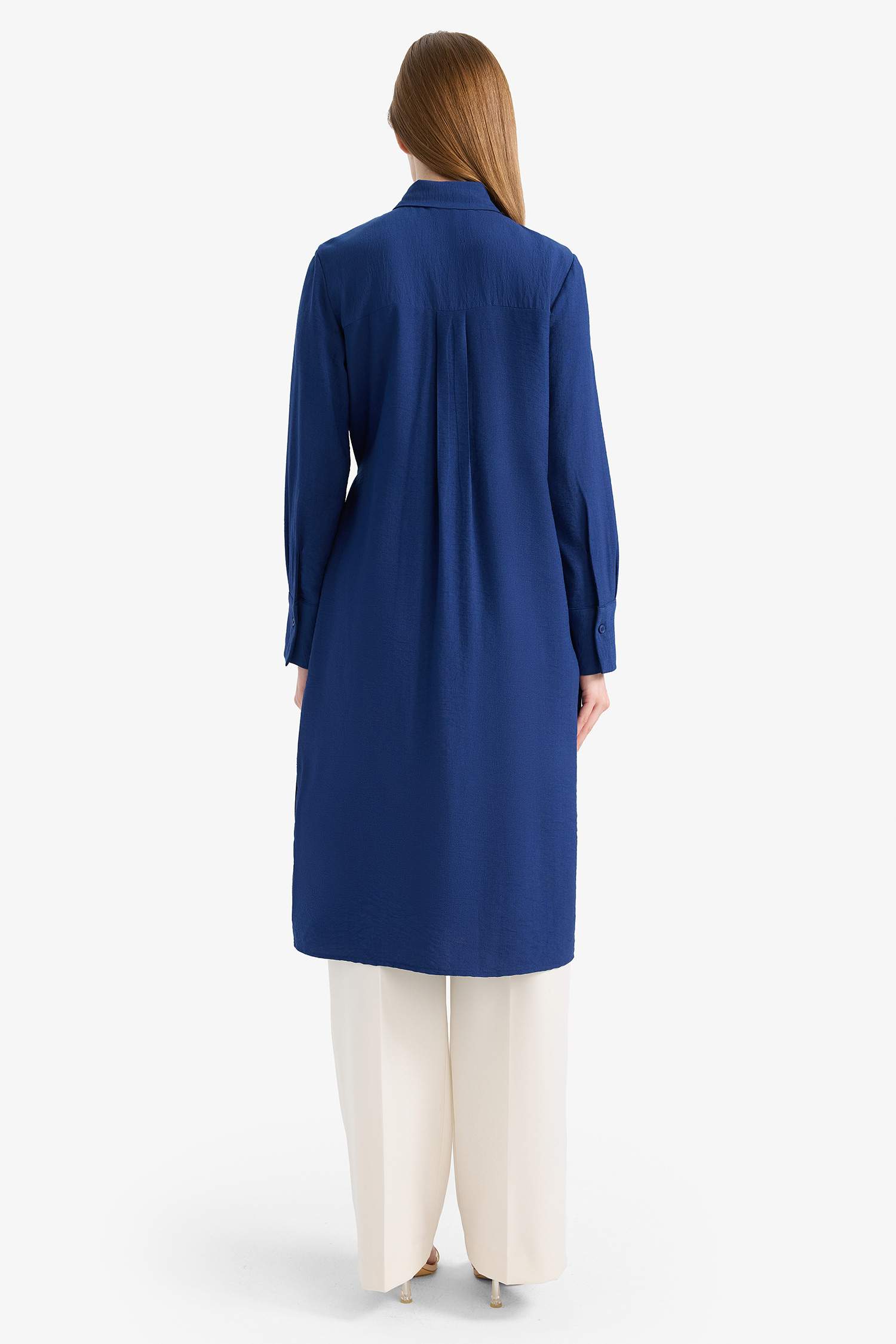 Regular Fit Shirt Collar Gathered Below Knee Tunic