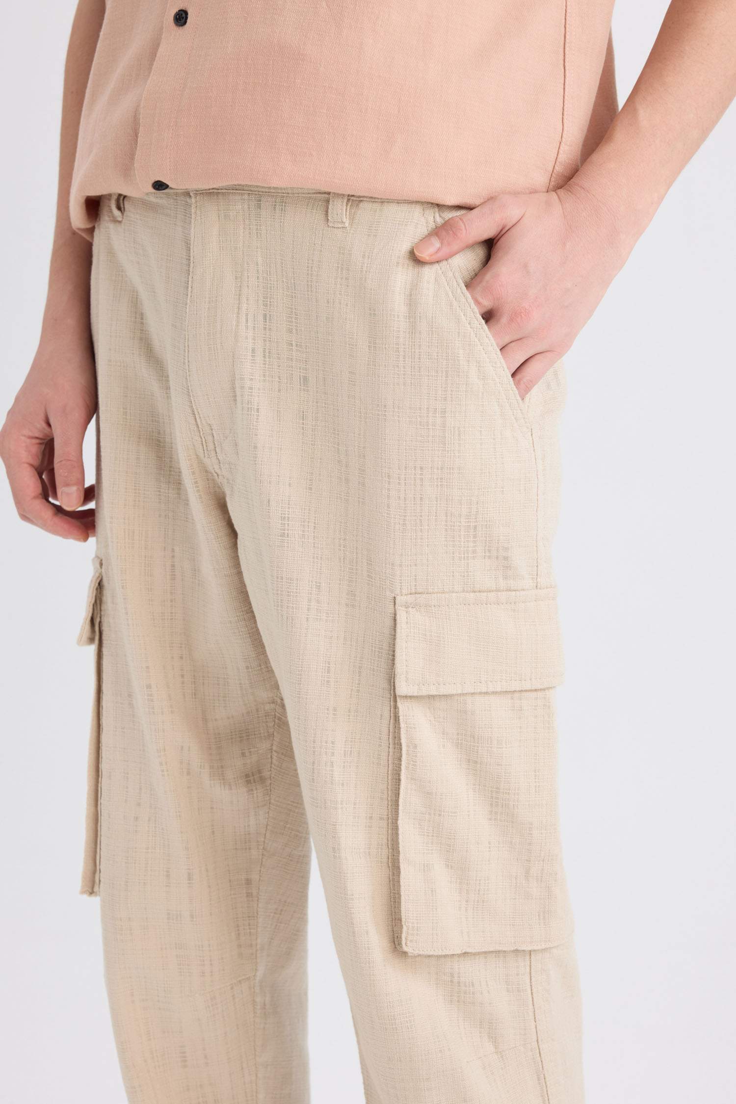 %100 Pamuk Relax Fit Keten Görünümlü Fermuarlı Düz Paça Pantolon