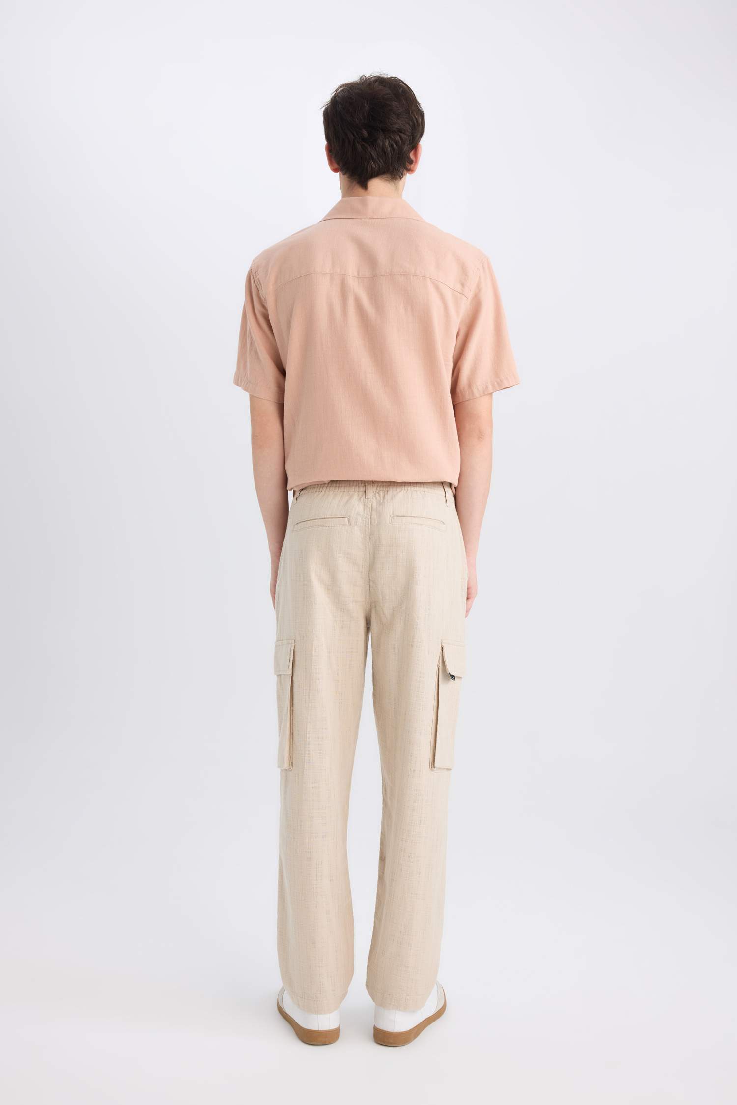 %100 Pamuk Relax Fit Keten Görünümlü Fermuarlı Düz Paça Pantolon