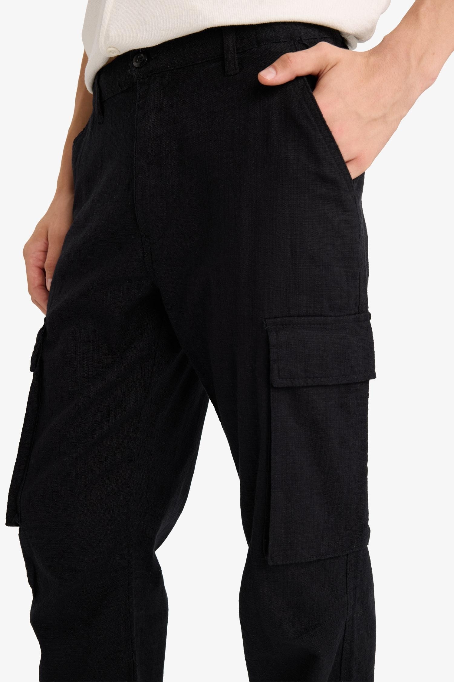 %100 Pamuk Relax Fit Keten Görünümlü Fermuarlı Düz Paça Pantolon