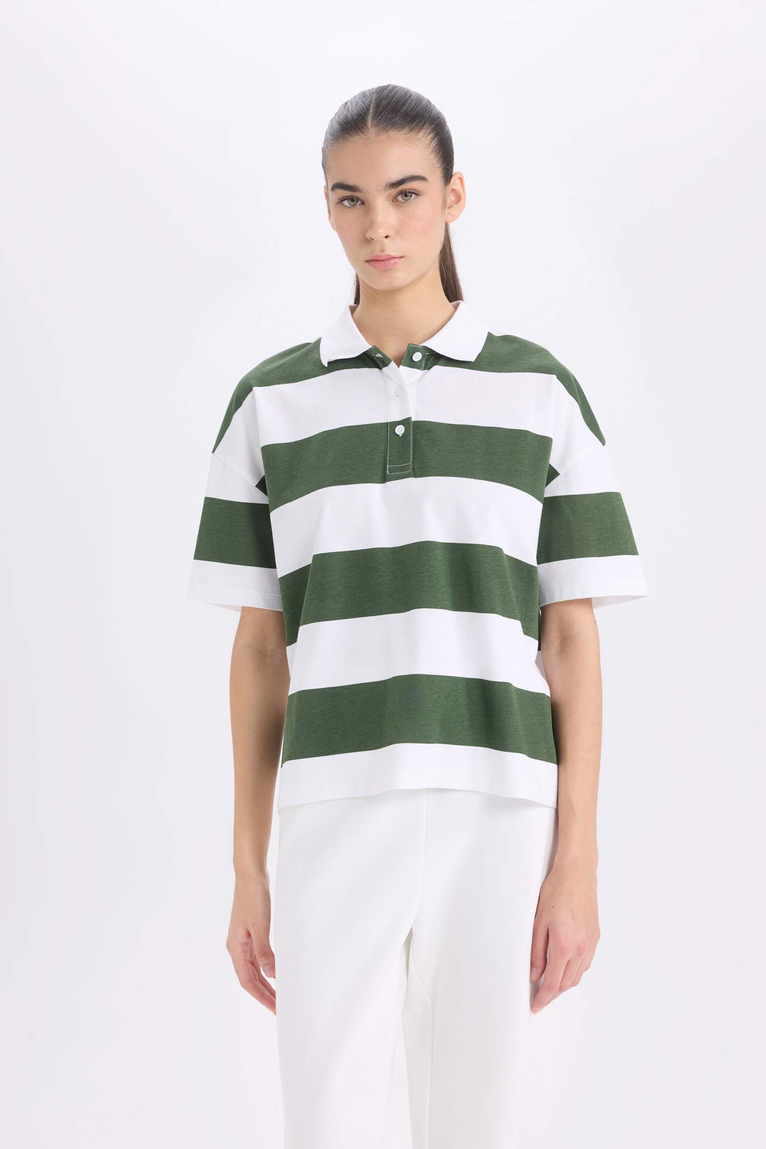 تيشيرت بولو مخطط نص ردن قطن قصة مريحة