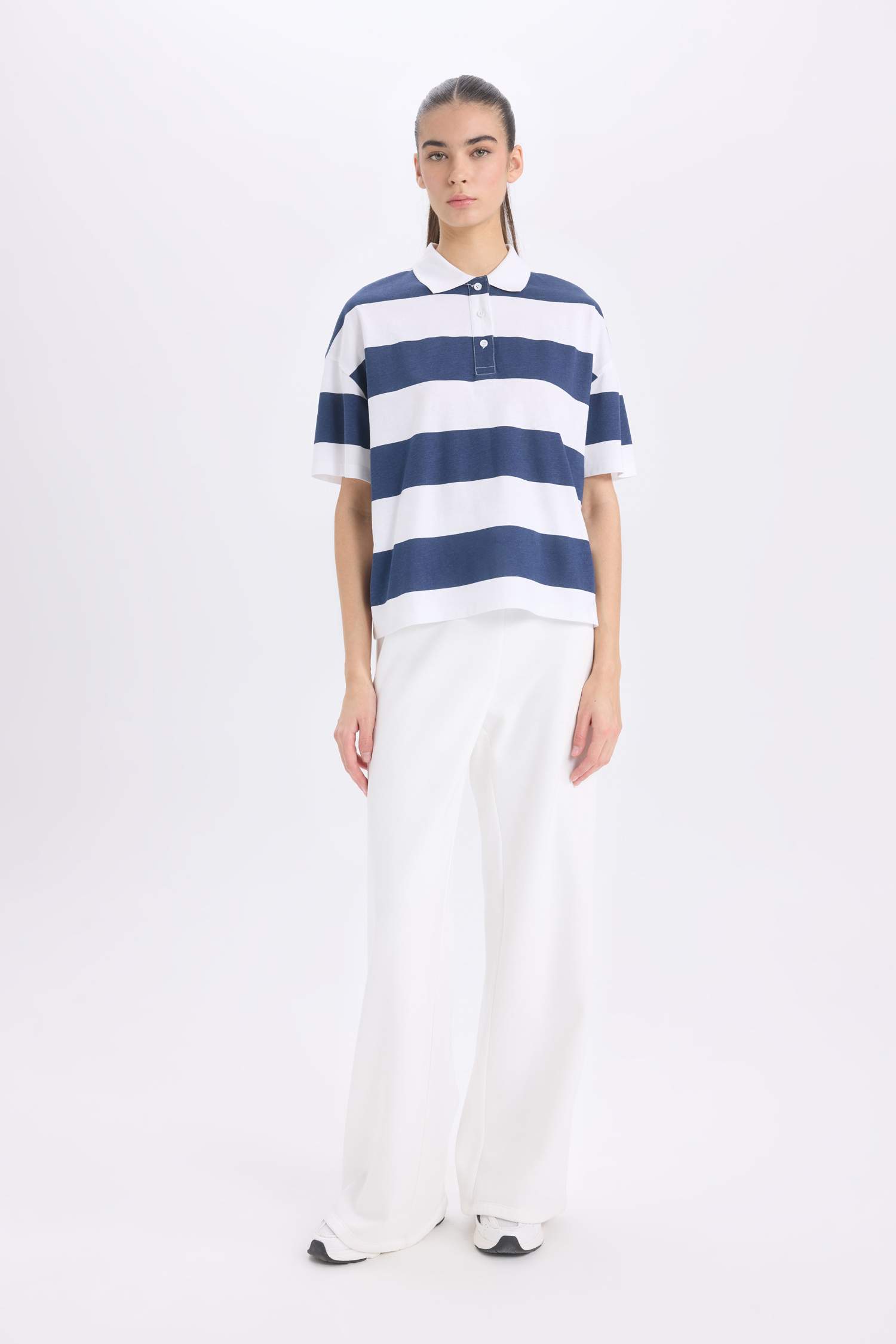 تيشيرت بولو مخطط نص ردن قطن قصة مريحة