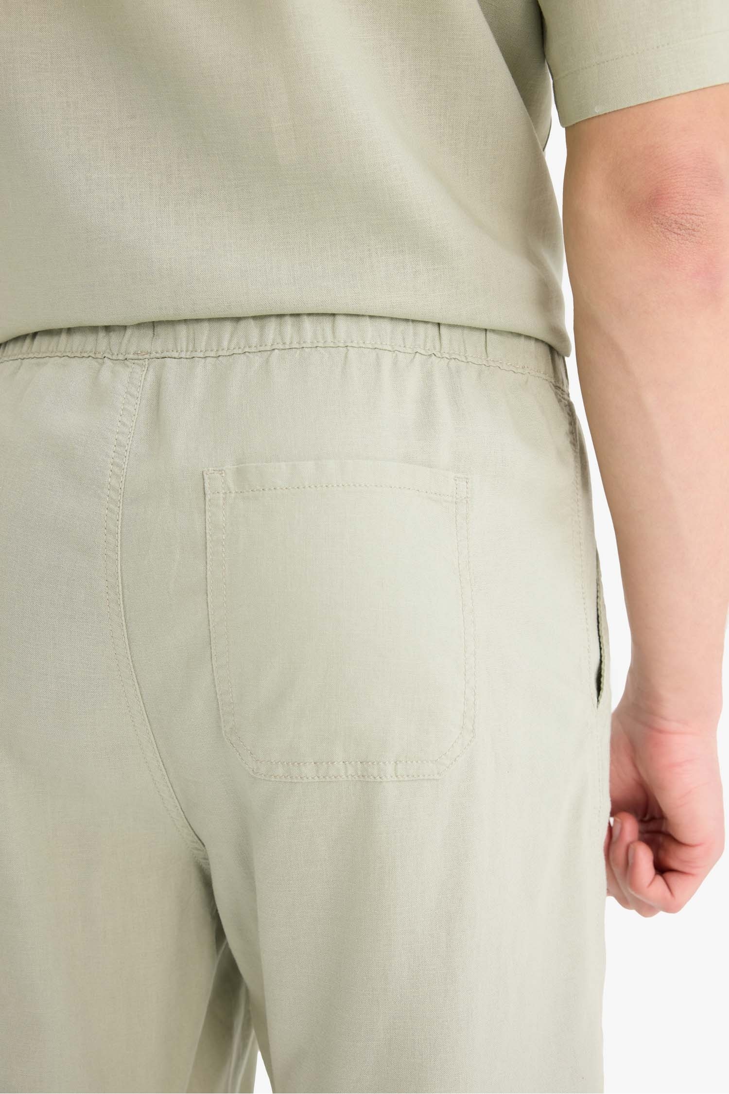 Relax Fit Beli Bağcıklı Keten Karışımlı Bermuda Şort