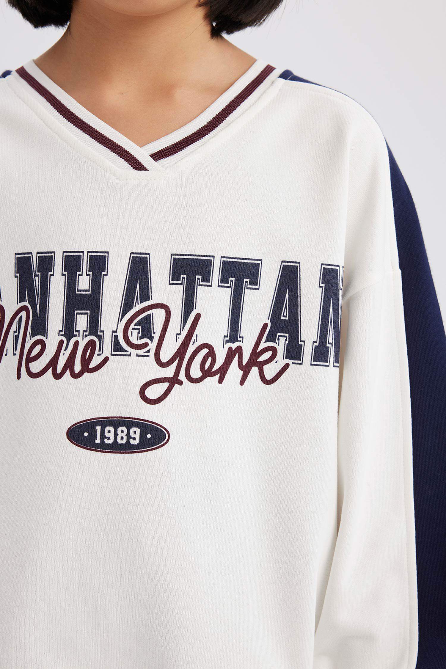 Kız Çocuk Oversize Geniş Kalıp Bisiklet Yaka Baskılı Sweatshirt