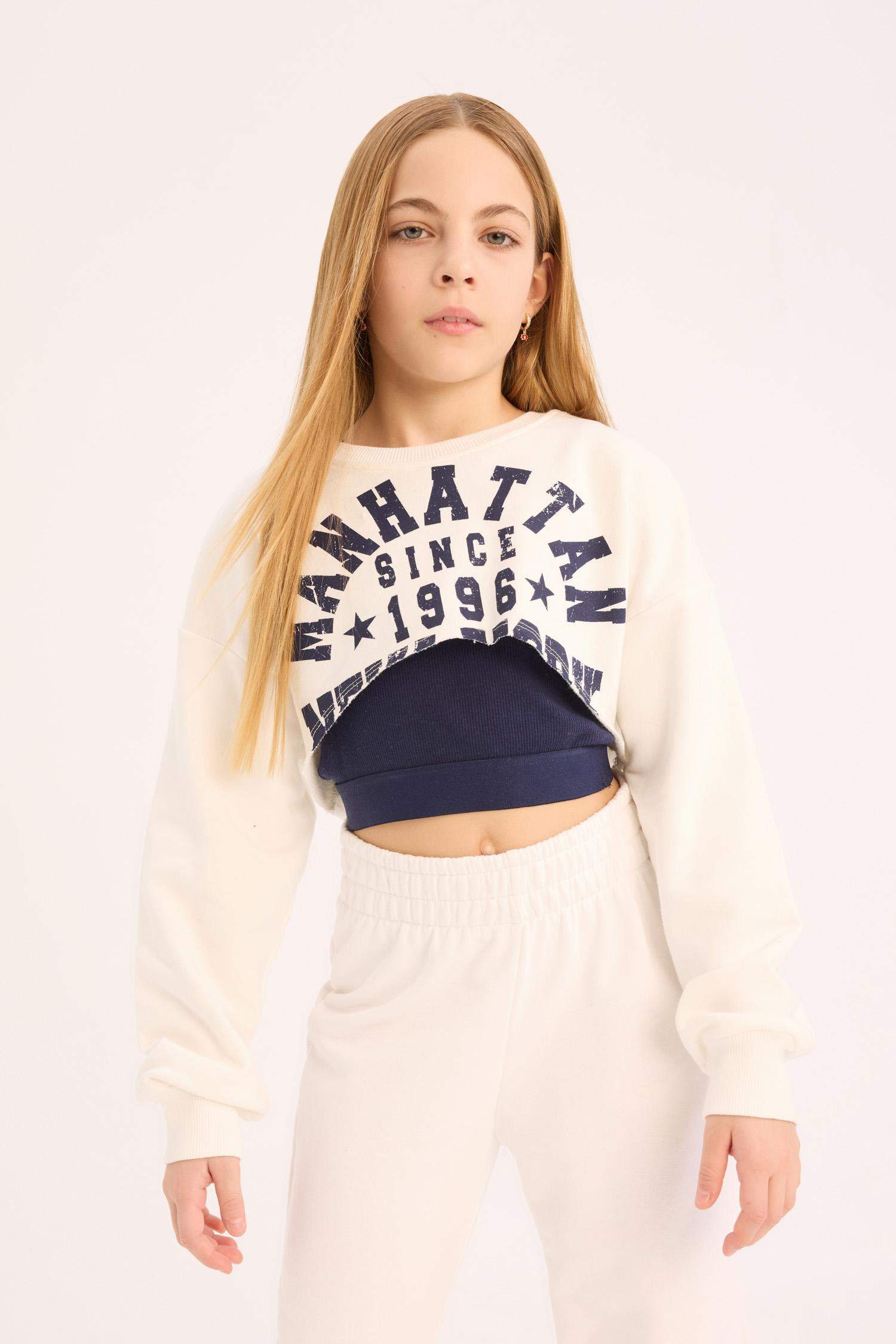 Kız Çocuk Crop Bisiklet Yaka Baskılı Sweatshirt