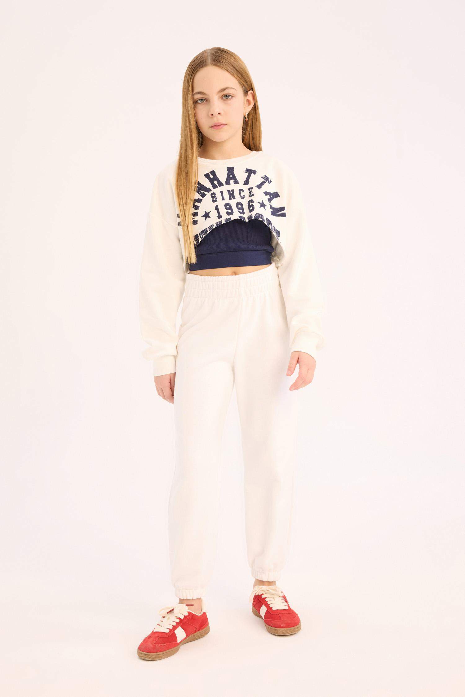 Kız Çocuk Crop Bisiklet Yaka Baskılı Sweatshirt