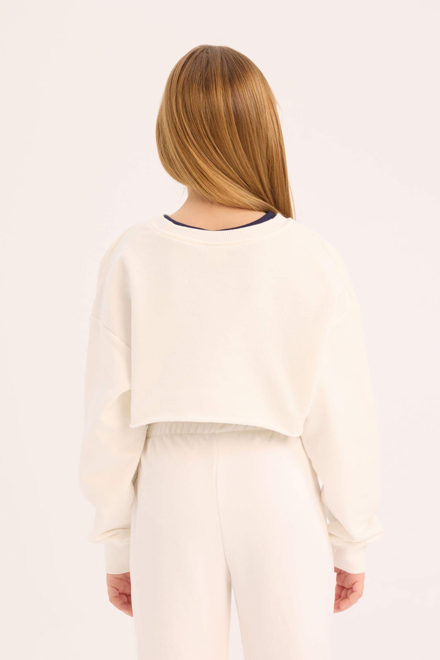 Kız Çocuk Crop Bisiklet Yaka Baskılı Sweatshirt