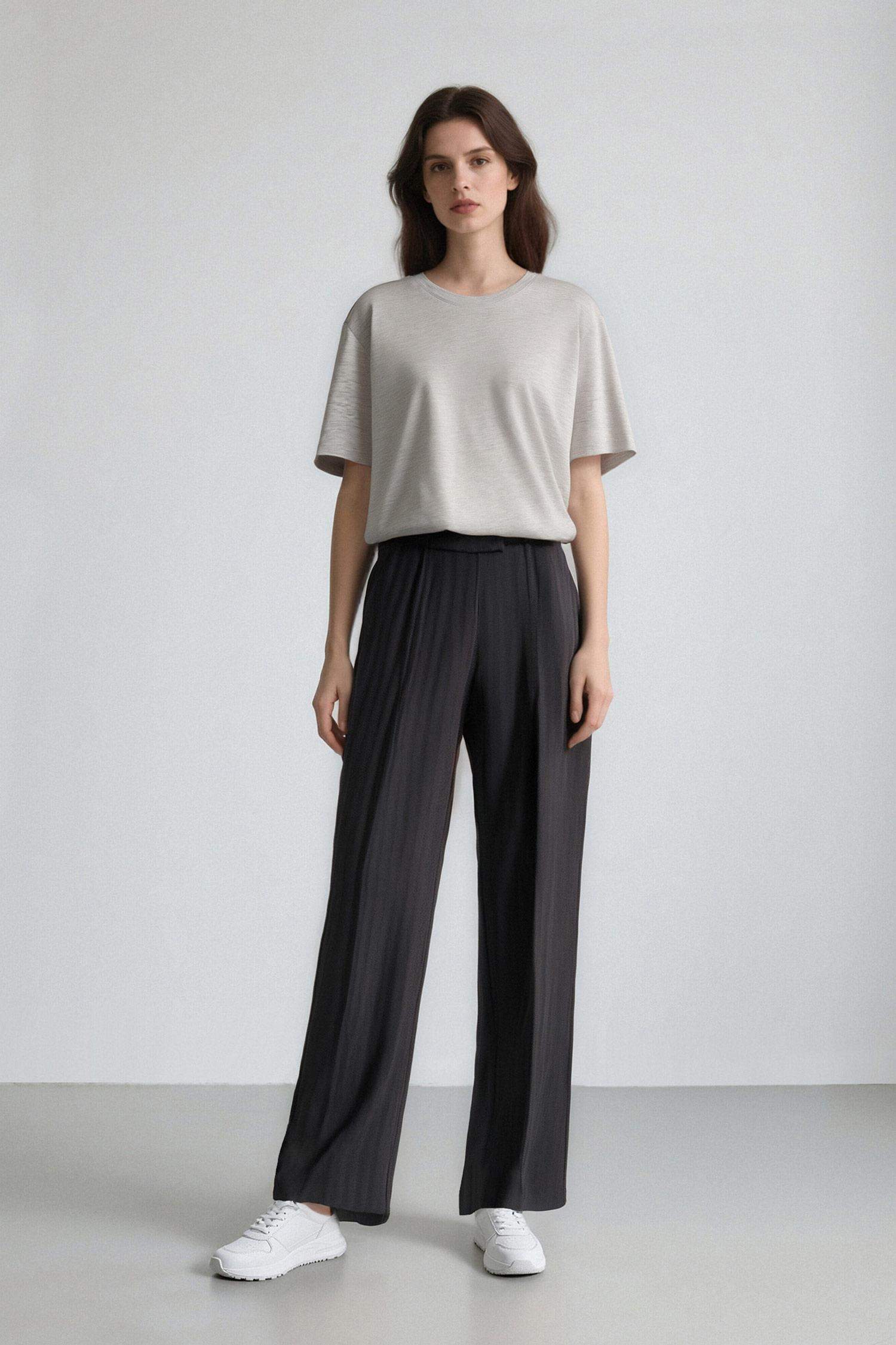 Sorbe x DeFacto Straight Fit Pantolon Yüksek Bel Çizgili Düz Paça Cepli