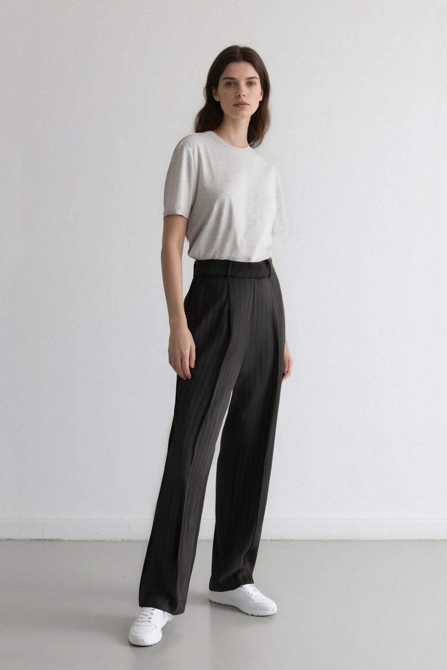 Sorbe x DeFacto Straight Fit Pantolon Yüksek Bel Çizgili Düz Paça Cepli