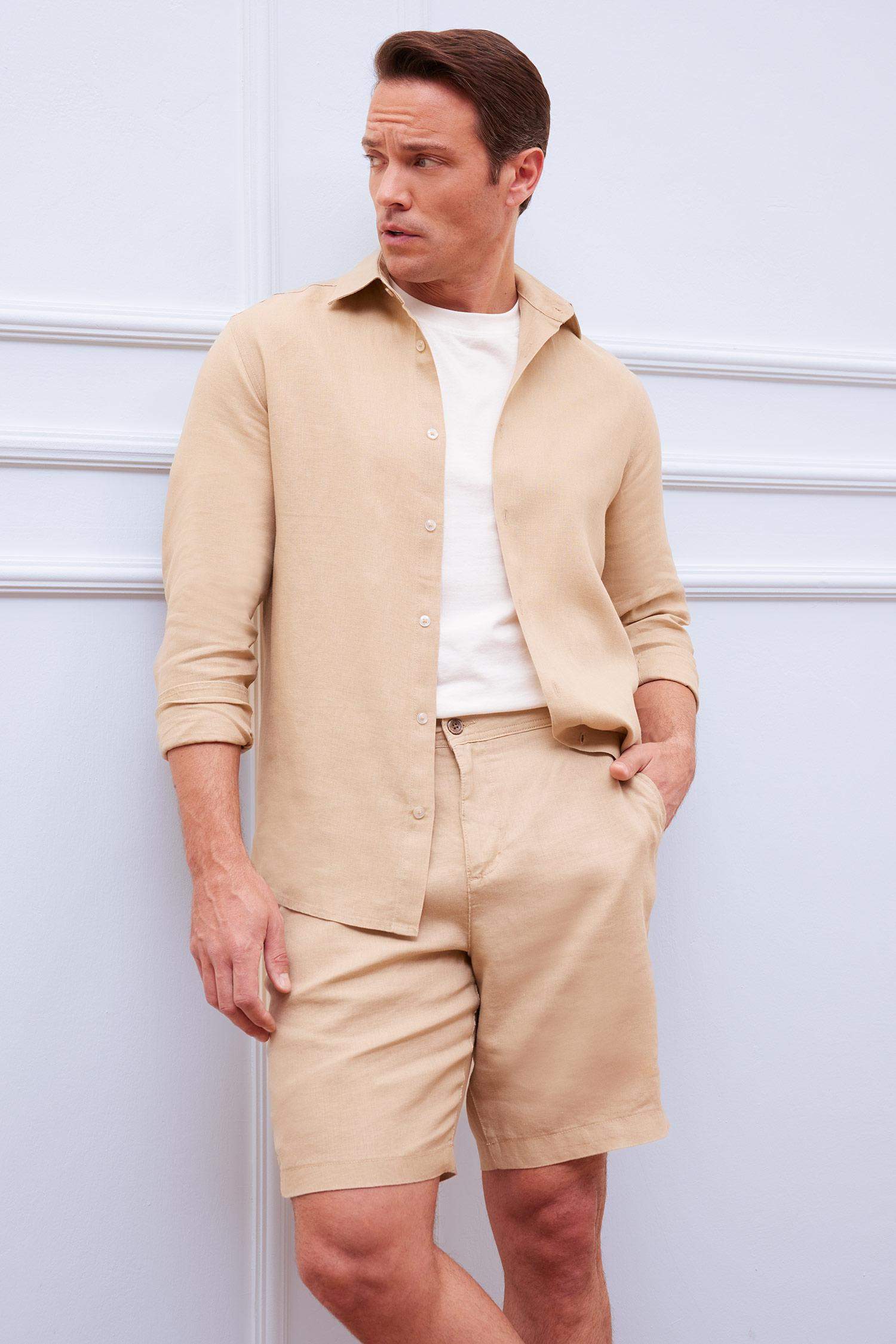 Regular Fit Поло Воротник Льняная Летняя Длинный Рукав Рубашка