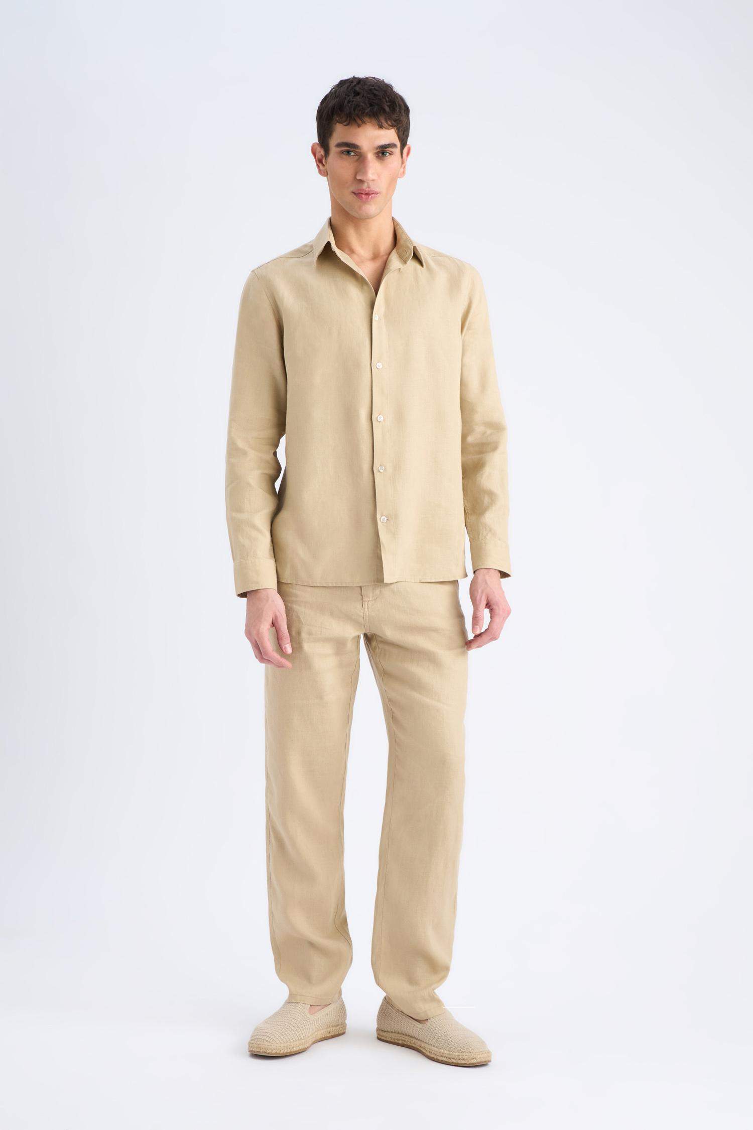 Regular Fit Поло Воротник Льняная Летняя Длинный Рукав Рубашка