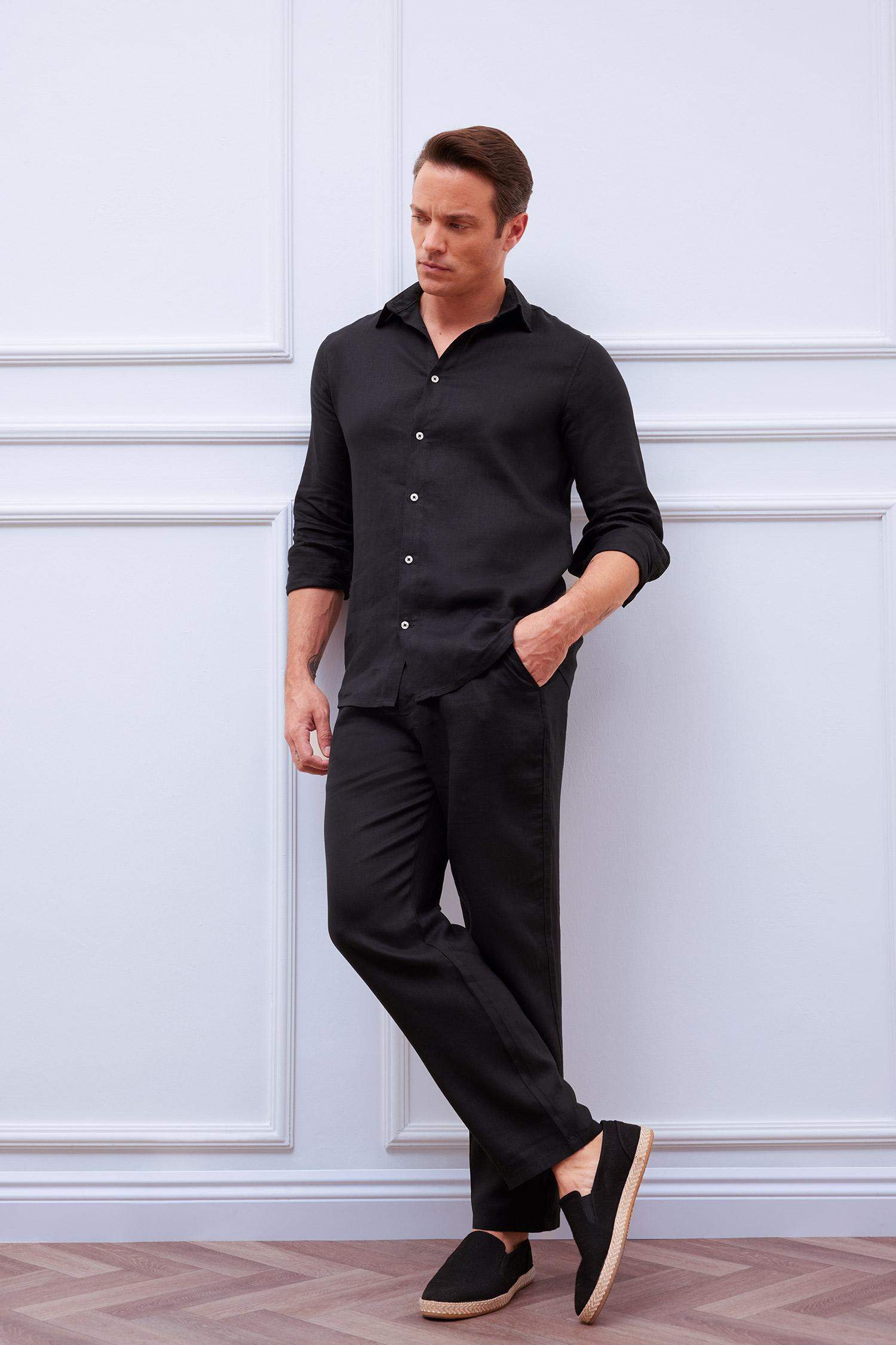 %100 Keten Regular Fit Polo Yaka Yazlık Uzun Kollu Siyah Gömlek