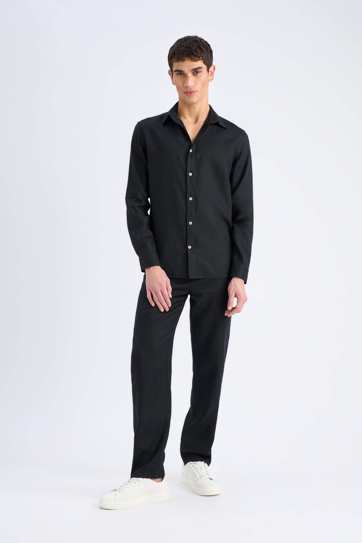 %100 Keten Regular Fit Polo Yaka Yazlık Uzun Kollu Siyah Gömlek