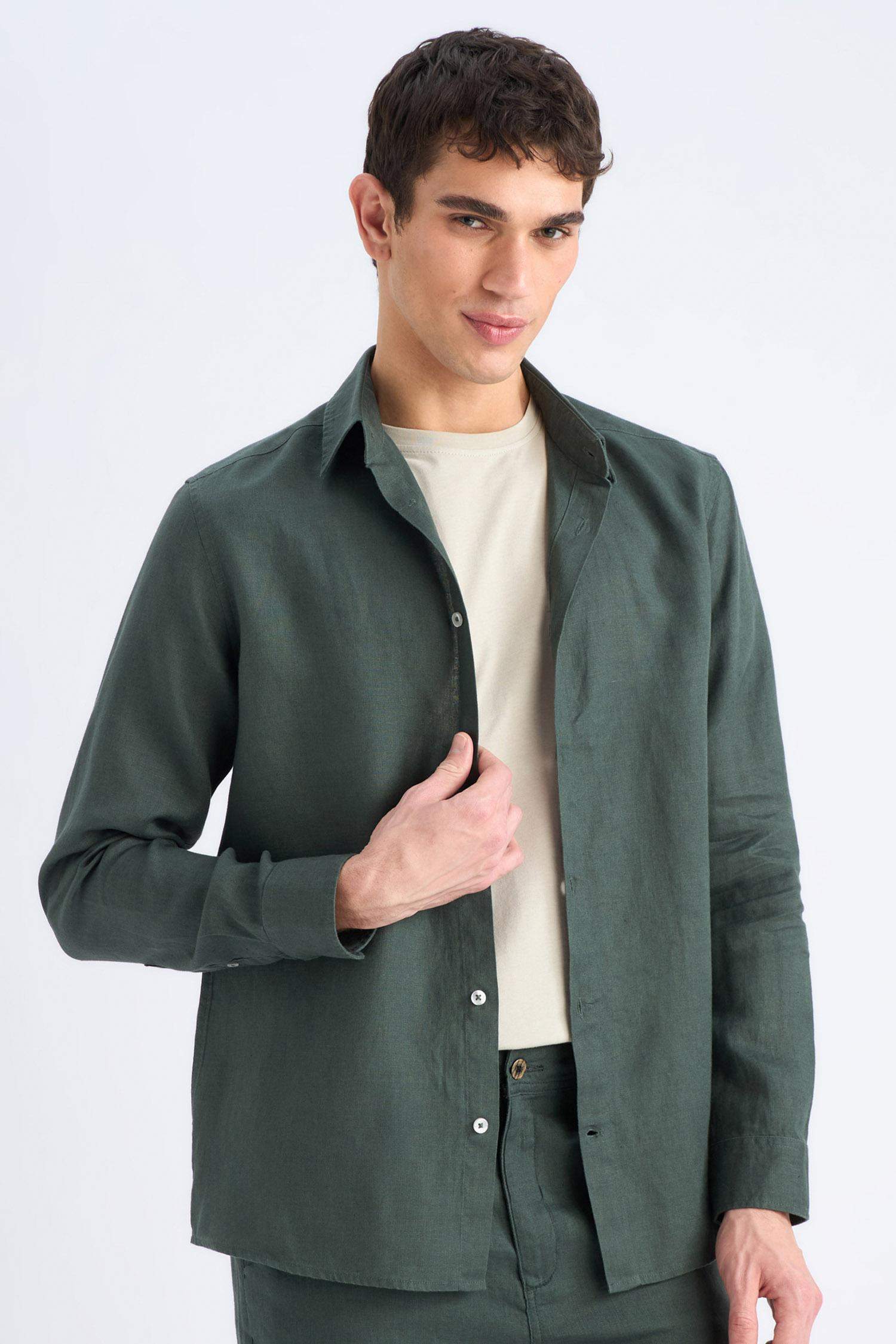 %100 Keten Regular Fit Polo Yaka Yazlık Uzun Kollu Gömlek