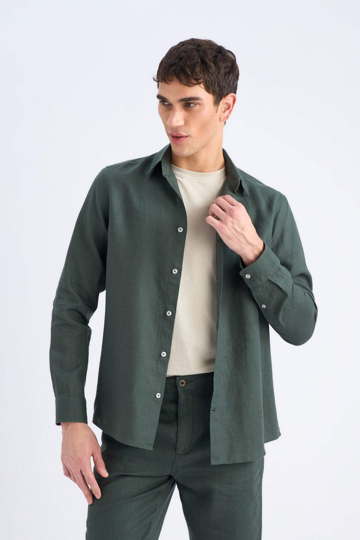 %100 Keten Regular Fit Polo Yaka Yazlık Uzun Kollu Gömlek