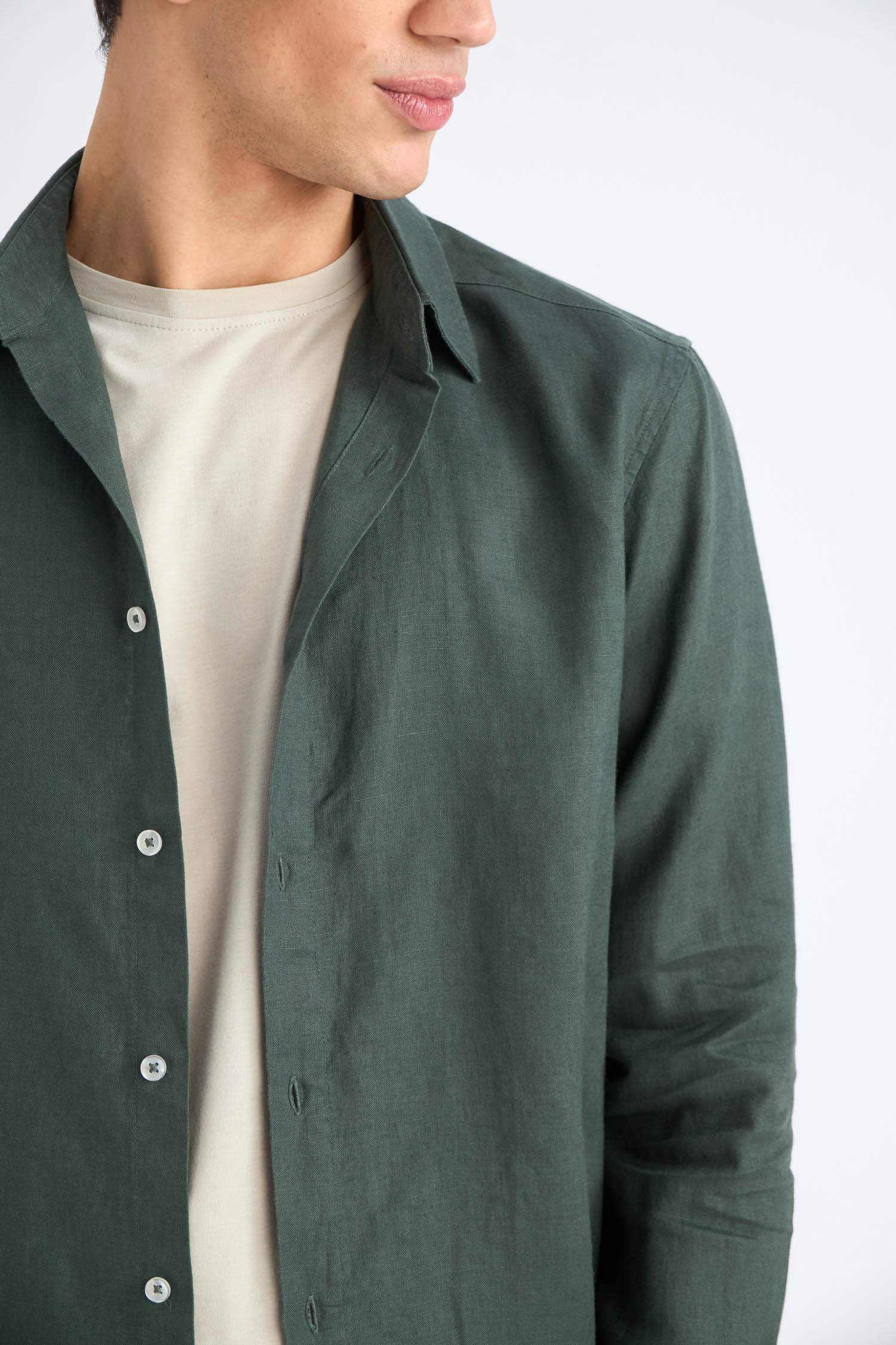 %100 Keten Regular Fit Polo Yaka Yazlık Uzun Kollu Gömlek