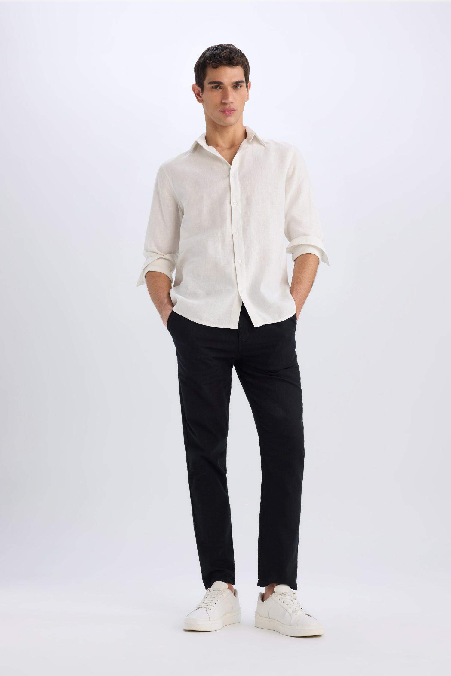 %100 Keten Regular Fit Polo Yaka Yazlık Uzun Kollu Beyaz Gömlek