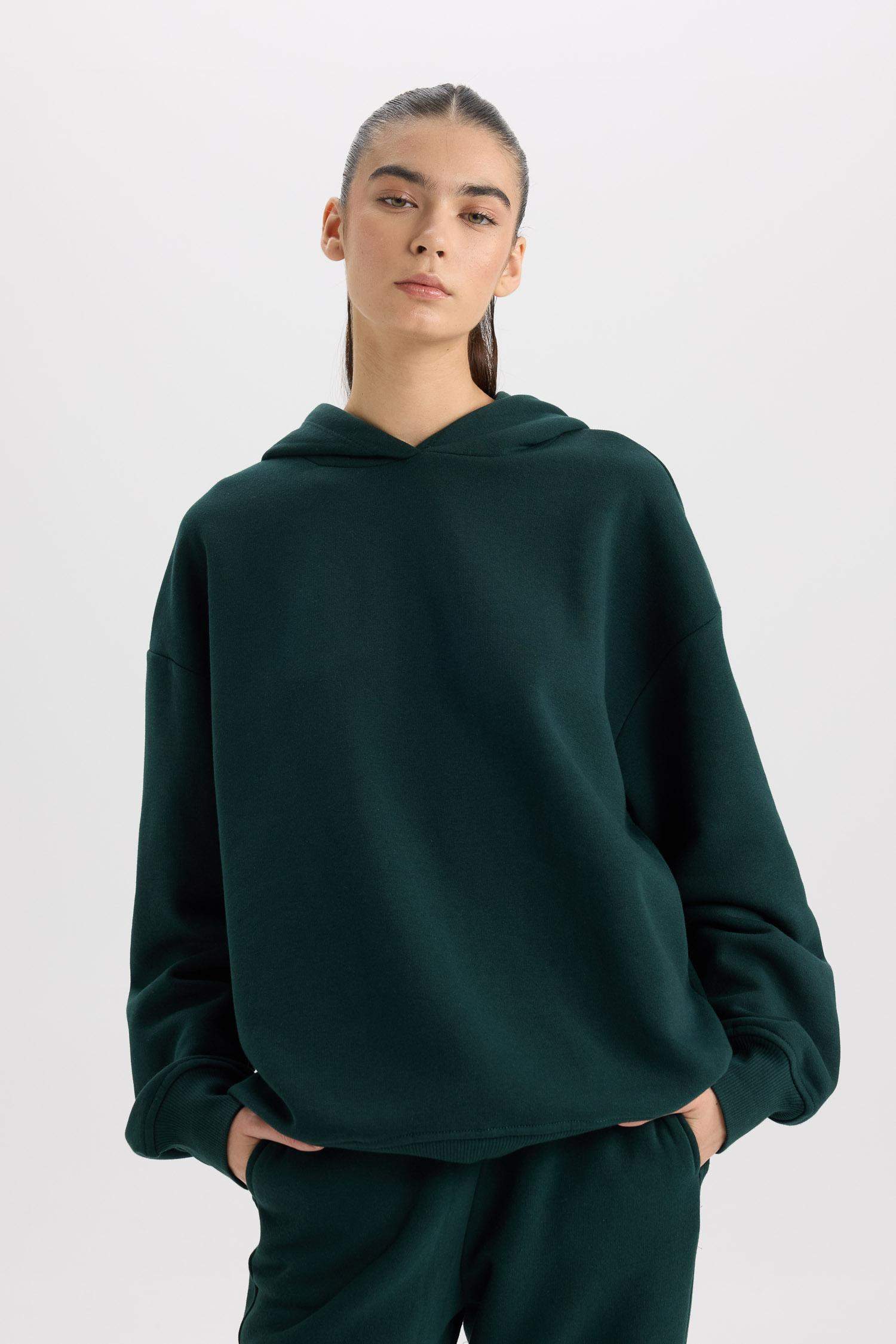 Relax Fit Kapüşonlu Kalın Basic Düz Sweatshirt