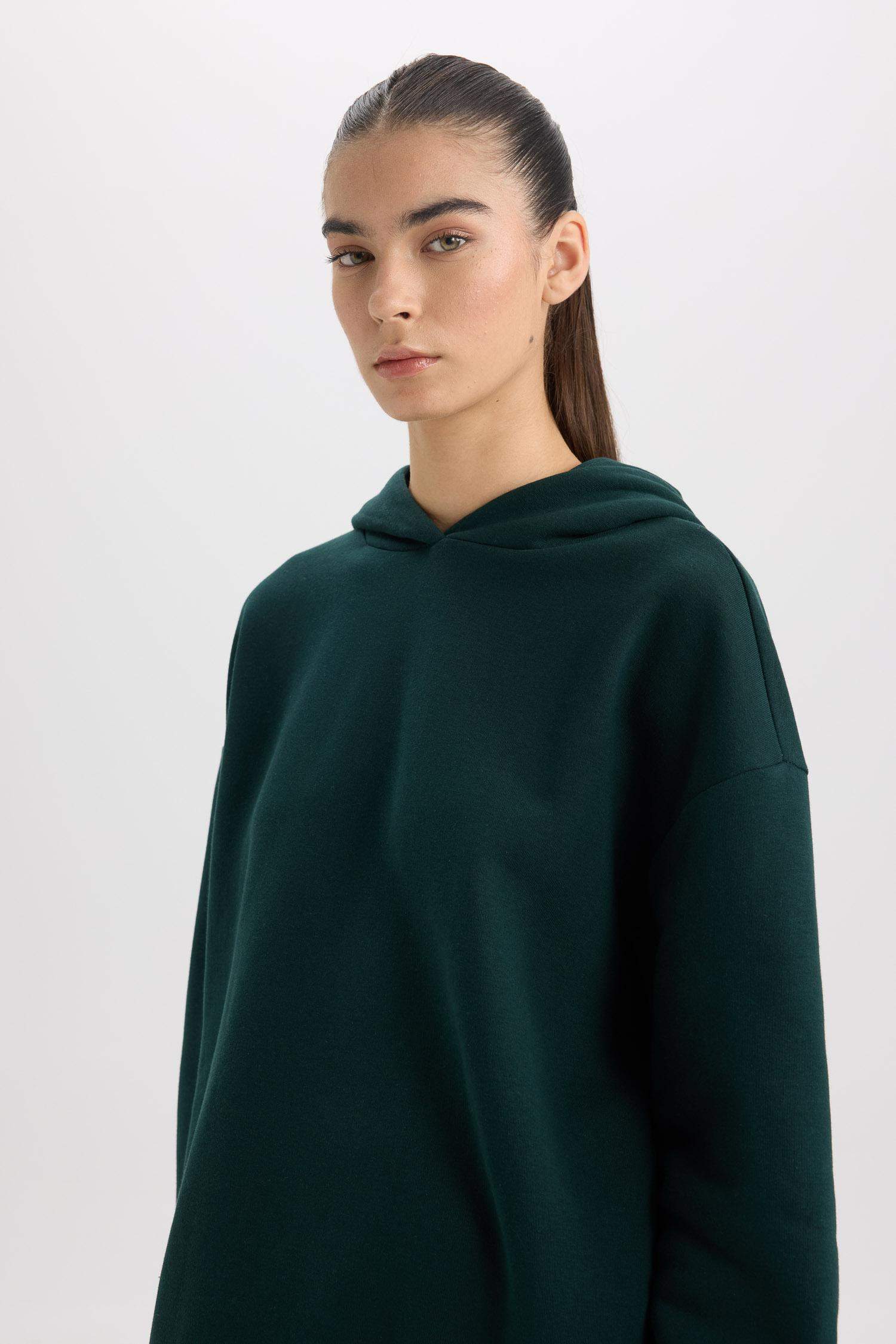 Relax Fit Kapüşonlu Kalın Basic Düz Sweatshirt