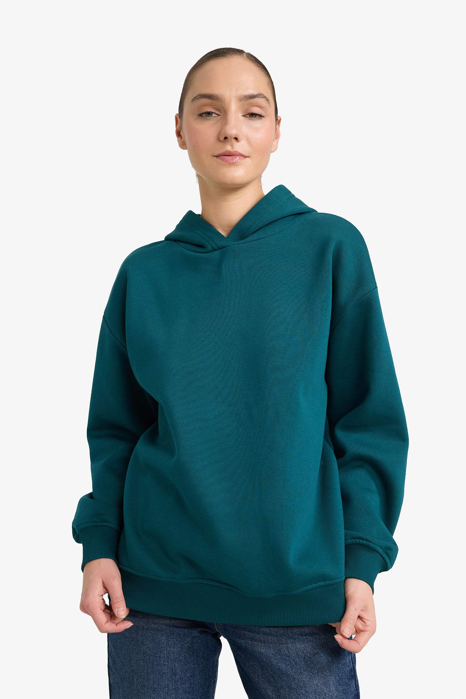 Relax Fit Kapüşonlu Basic Düz Kalın Sweatshirt