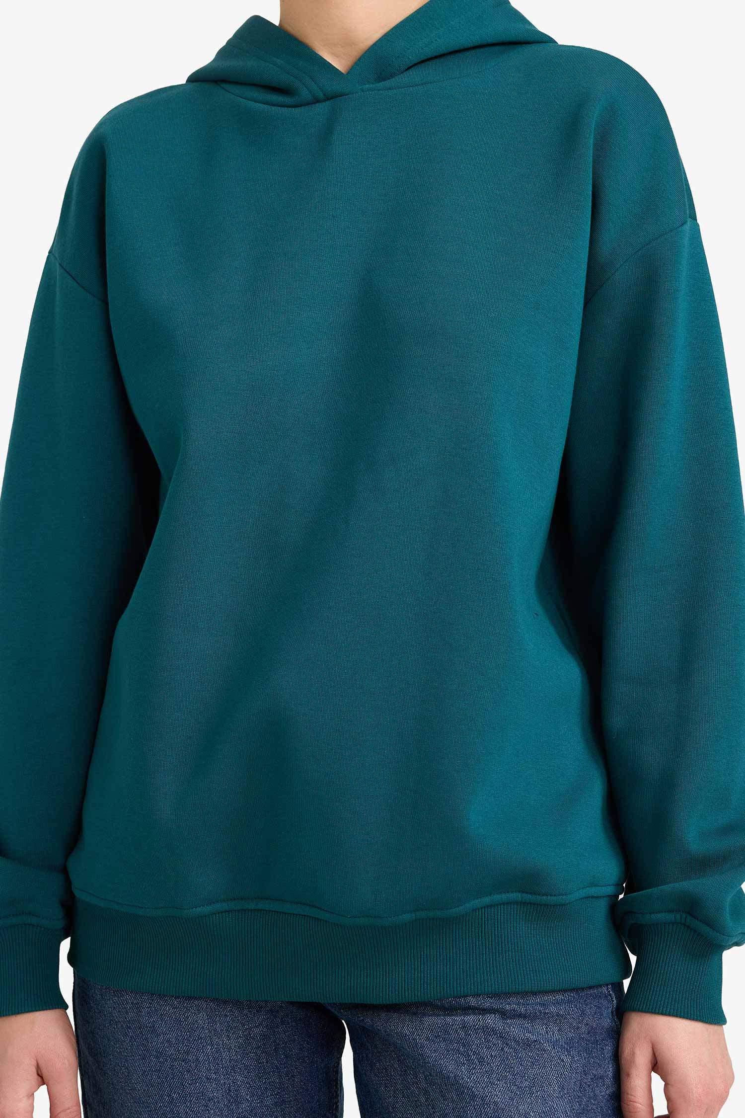 Relax Fit Kapüşonlu Basic Düz Kalın Sweatshirt