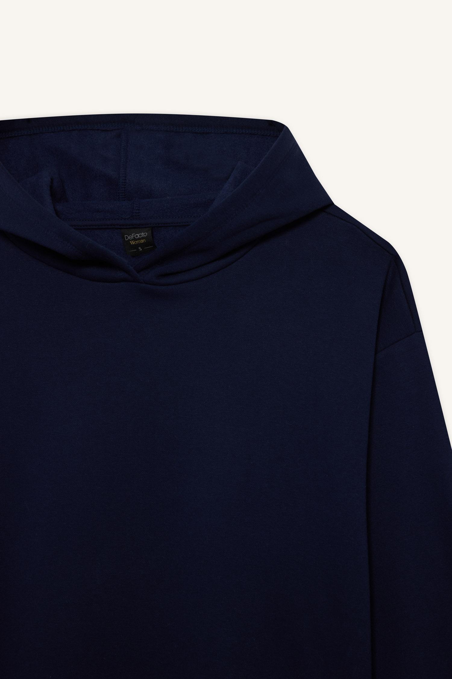 DeFacto Relax Fit Kapüşonlu Basıc Kalın Sweatshirt görsel 4