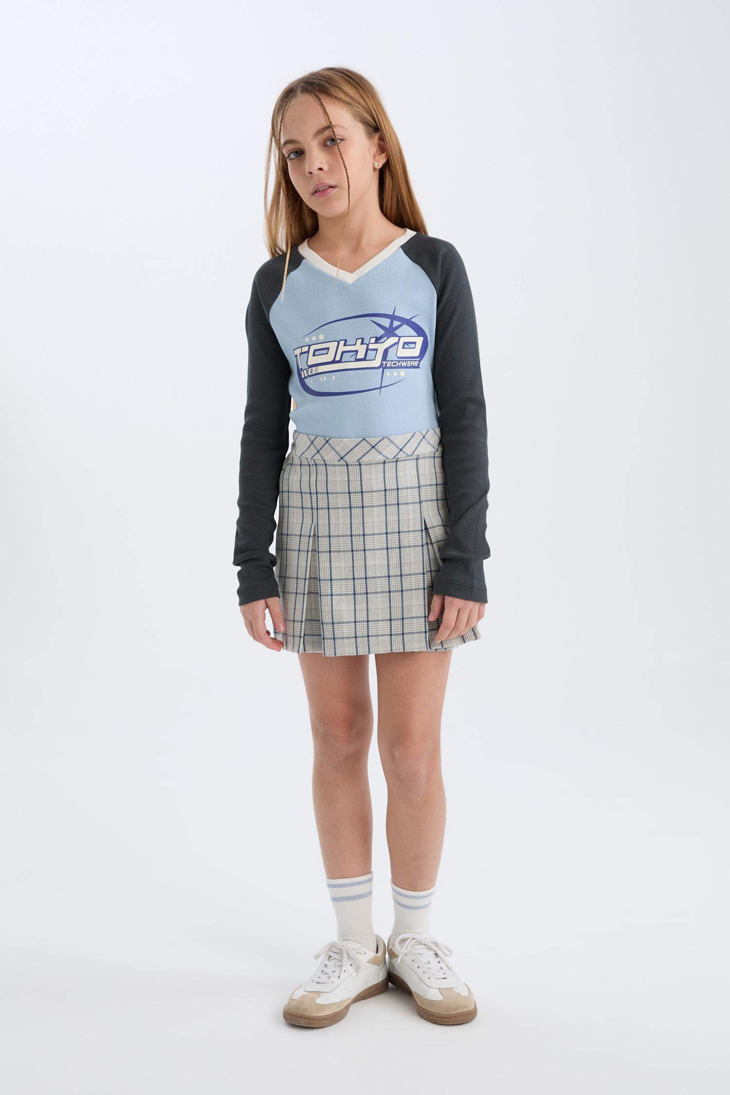 Kız Çocuk Kareli Pileli Etek