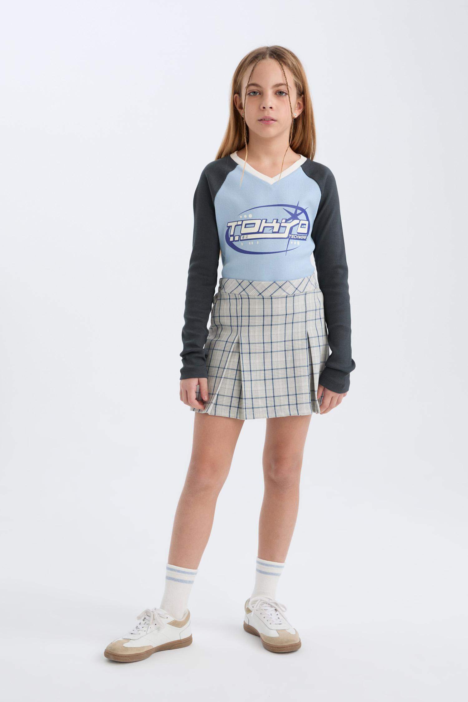 Kız Çocuk Kareli Pileli Etek