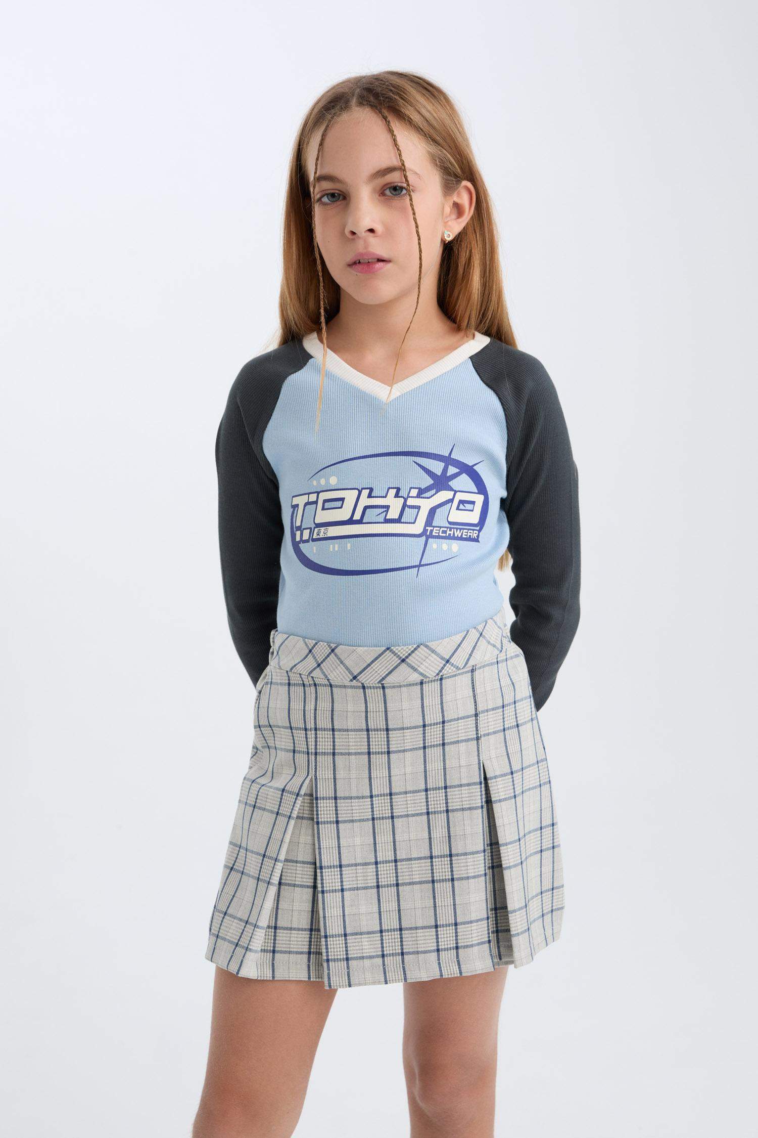 Kız Çocuk Kareli Pileli Etek