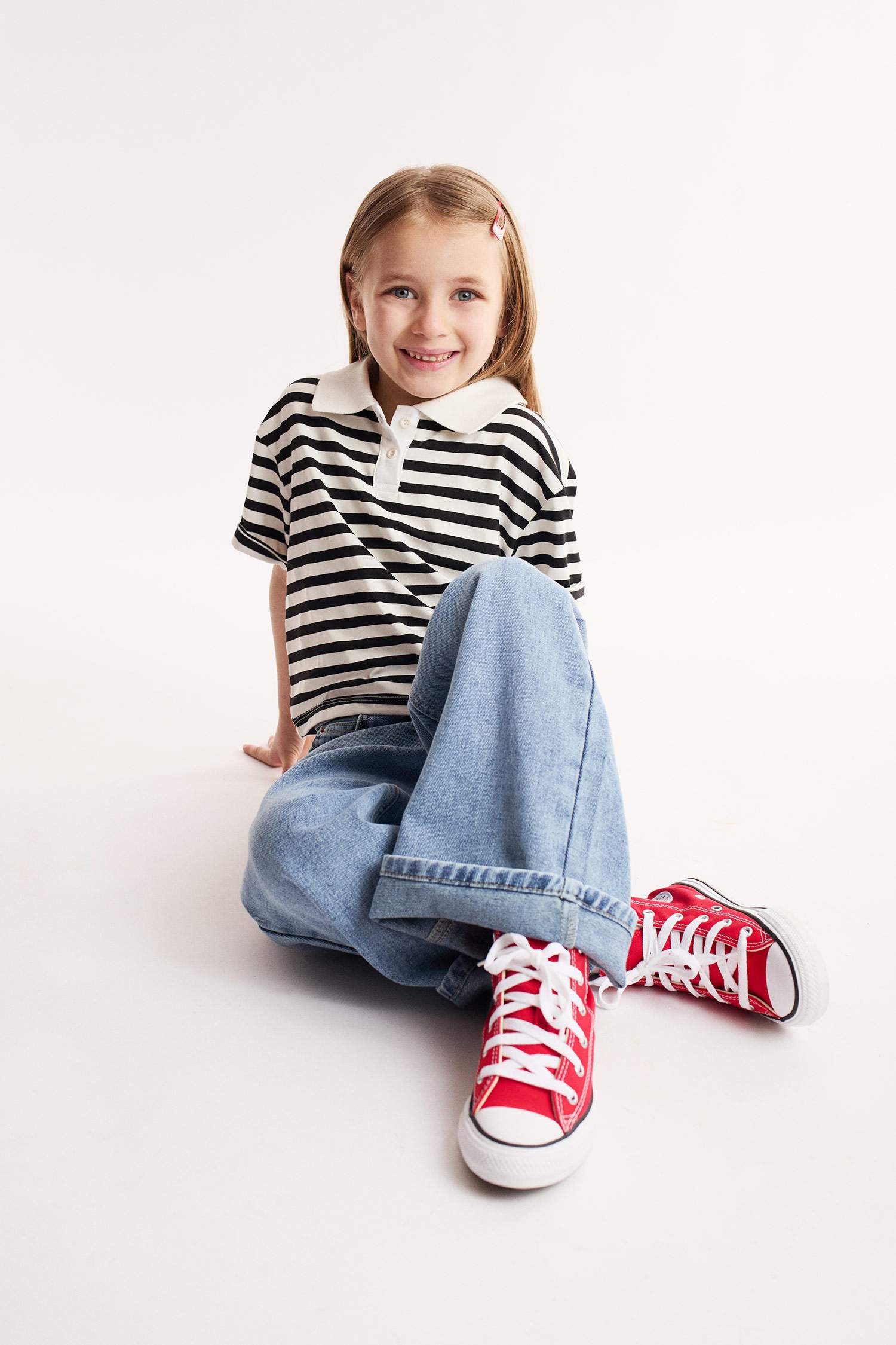 Kız Çocuk Relax Fit Polo Yaka Çizgili Kısa Kollu Tişört