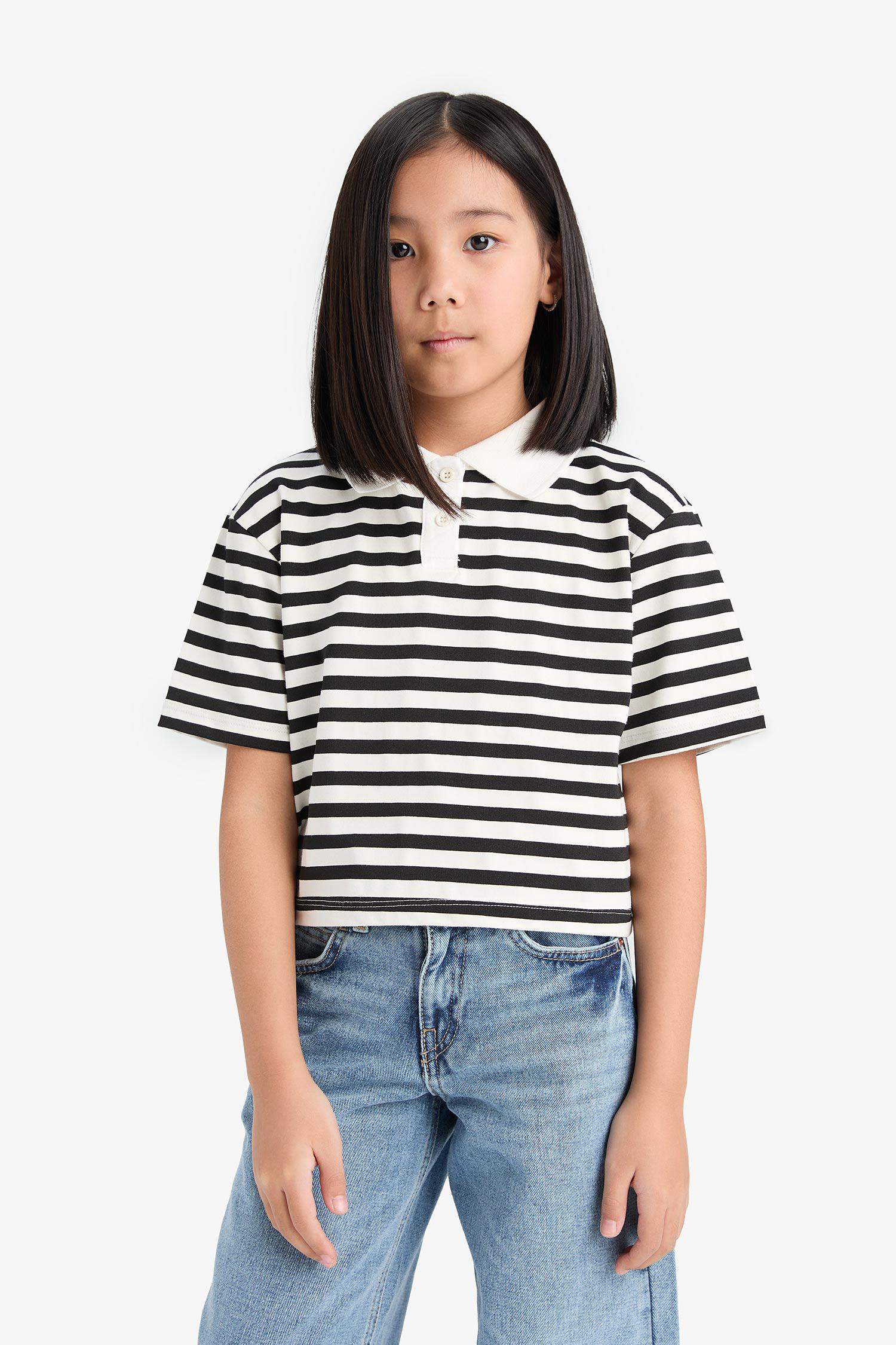 Kız Çocuk Relax Fit Polo Yaka Çizgili Kısa Kollu Tişört