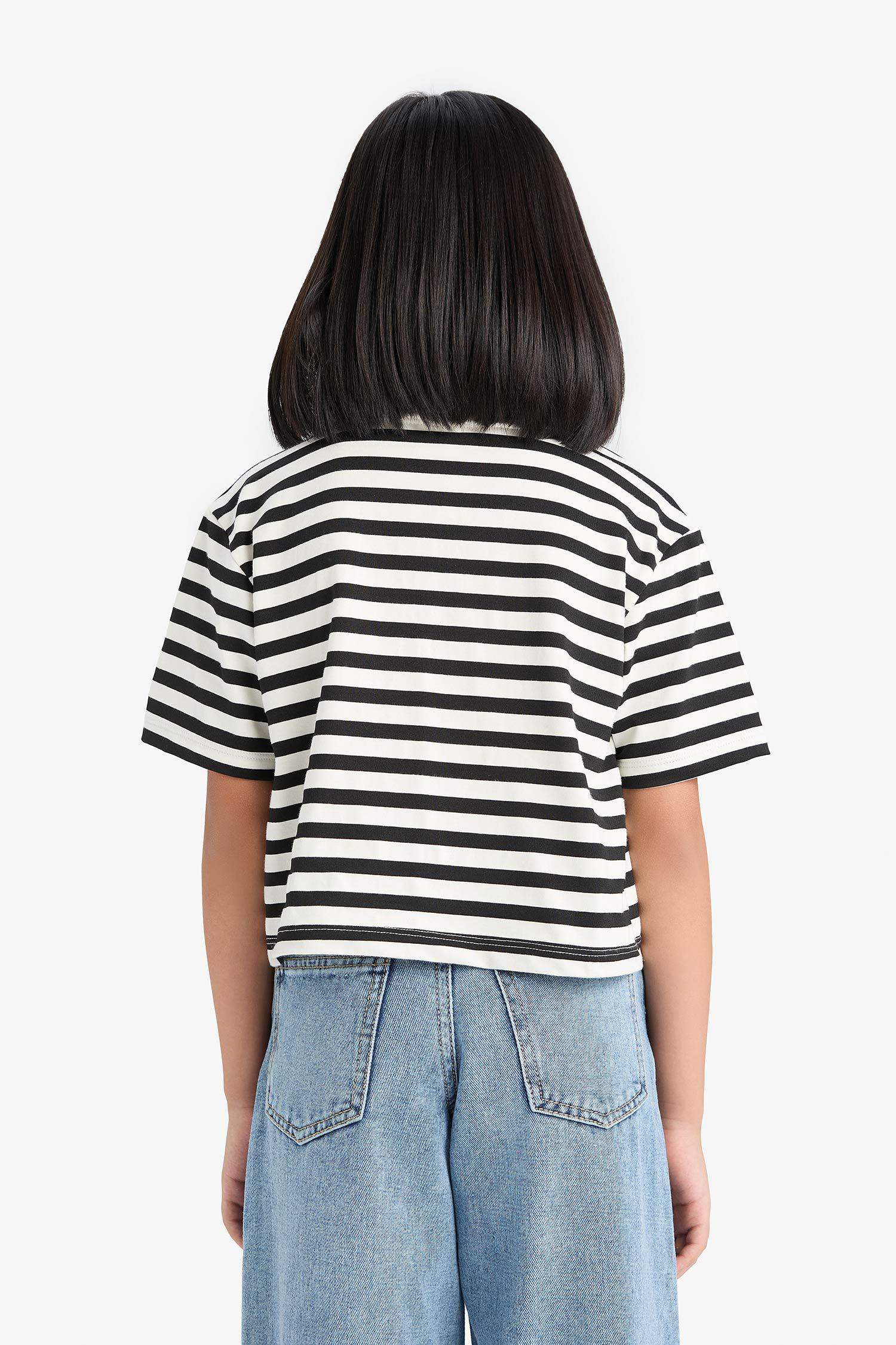 Kız Çocuk Relax Fit Polo Yaka Çizgili Kısa Kollu Tişört