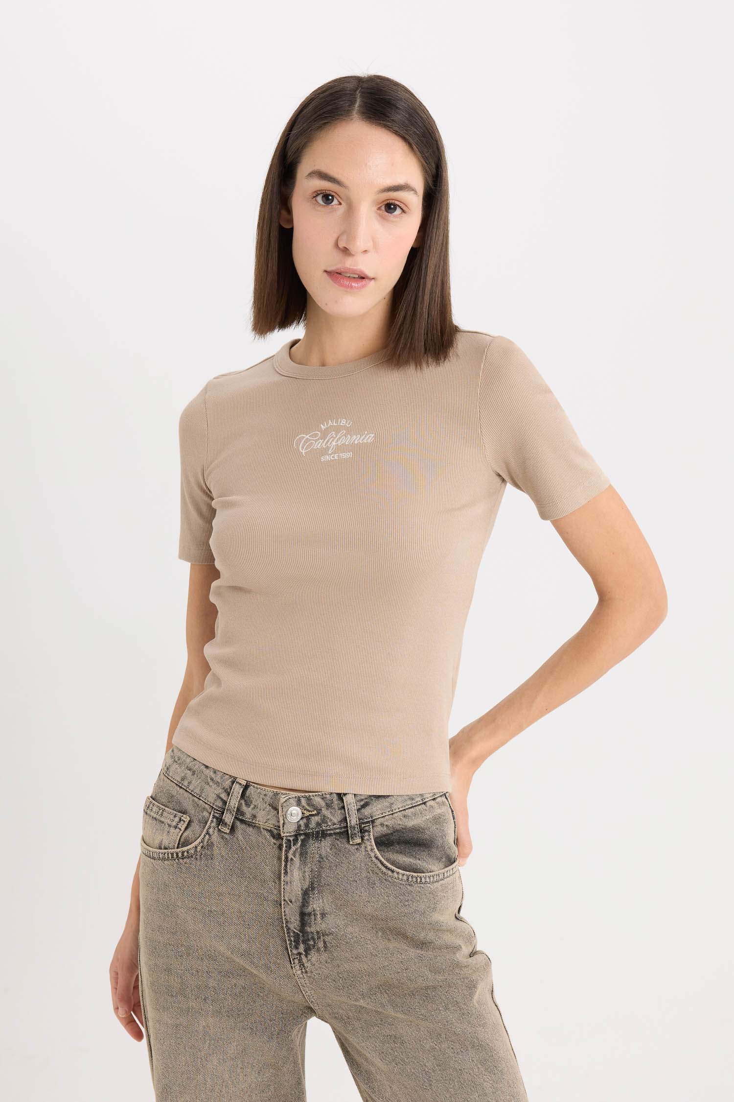 Slim Fit Crew Neck Slogan Camisole Short Sleeve T-Shirt