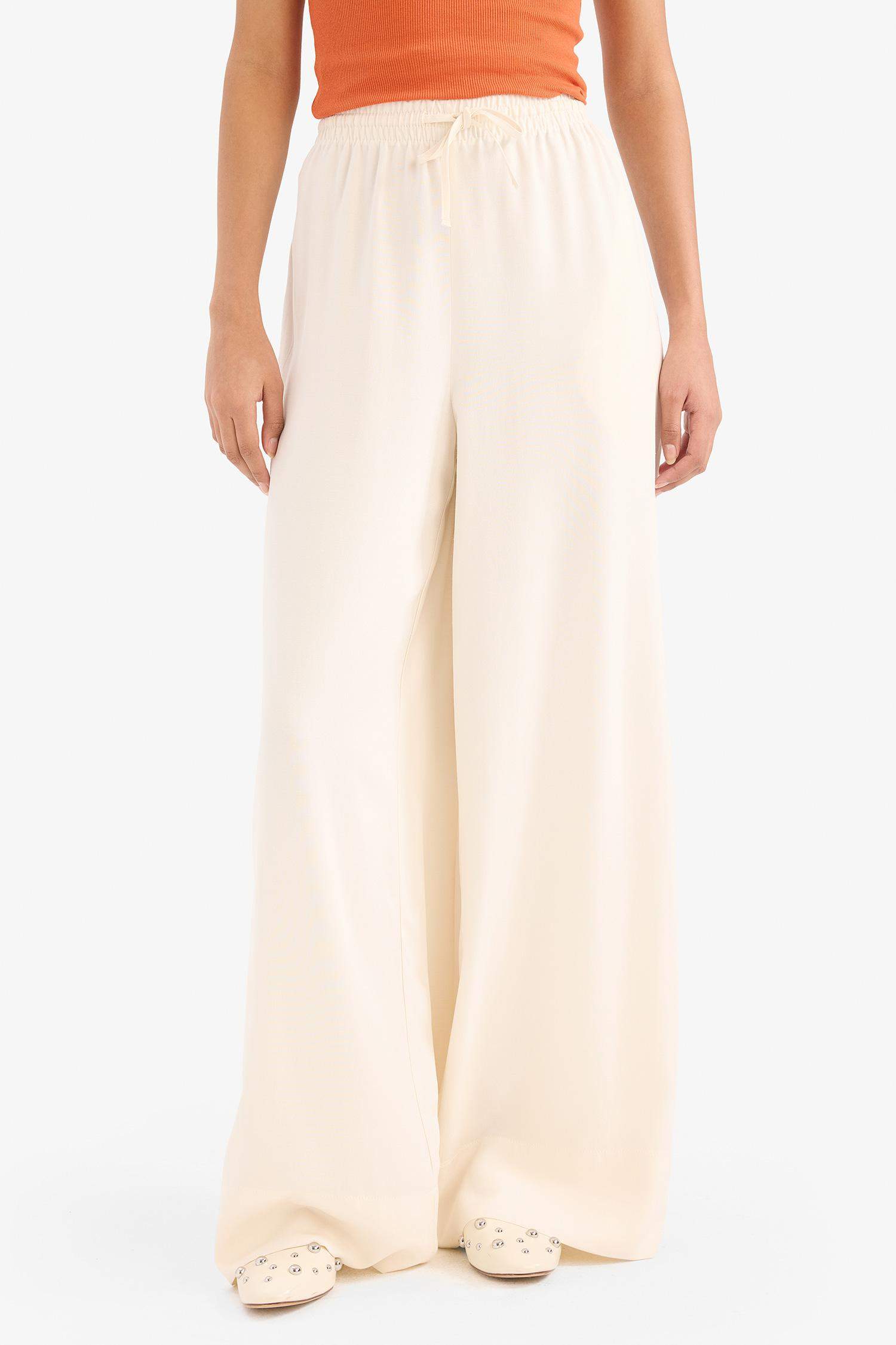 Wide Leg Keten Karışımlı Kumaş Palazzo Pantolon Yüksek Bel Geniş Paça