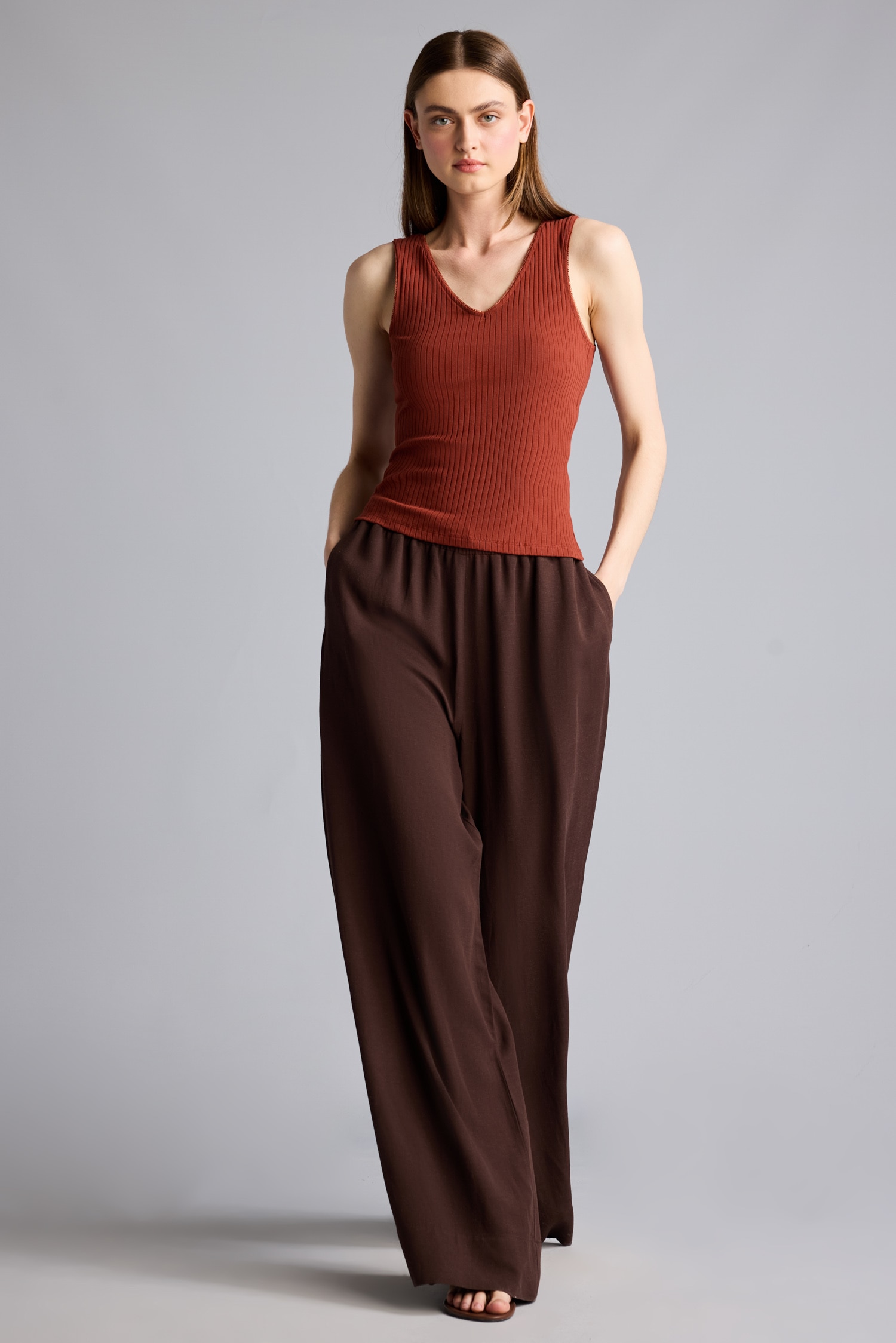 DeFacto Wide Leg Keten Karışımlı Yüksek bel Pantolon